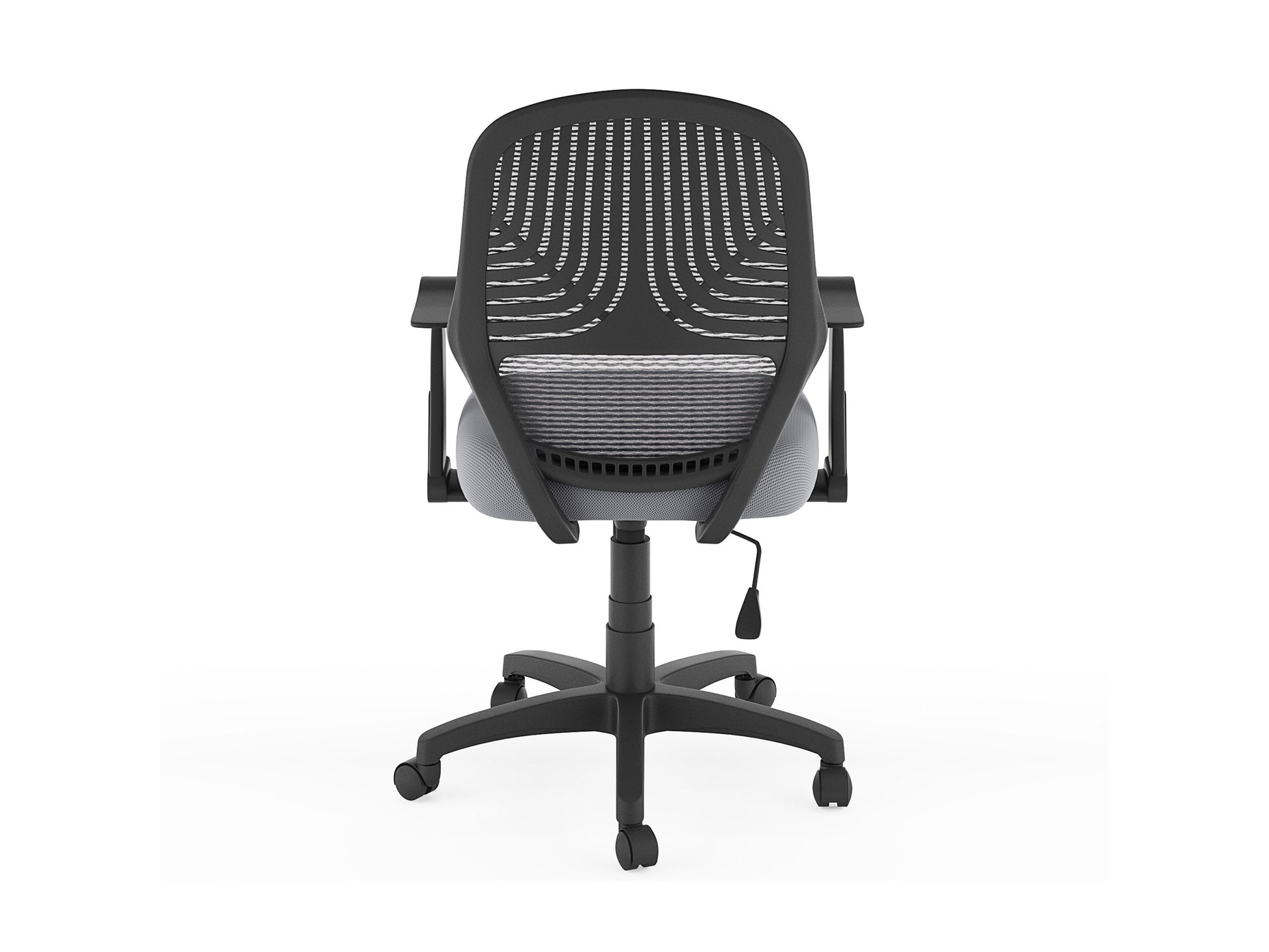 Grey mesh office chair with ergonomic design, adjustable armrests, lumbar support, and swivel base. Ideal for home or office use, providing comfort and breathability for long hours of work.