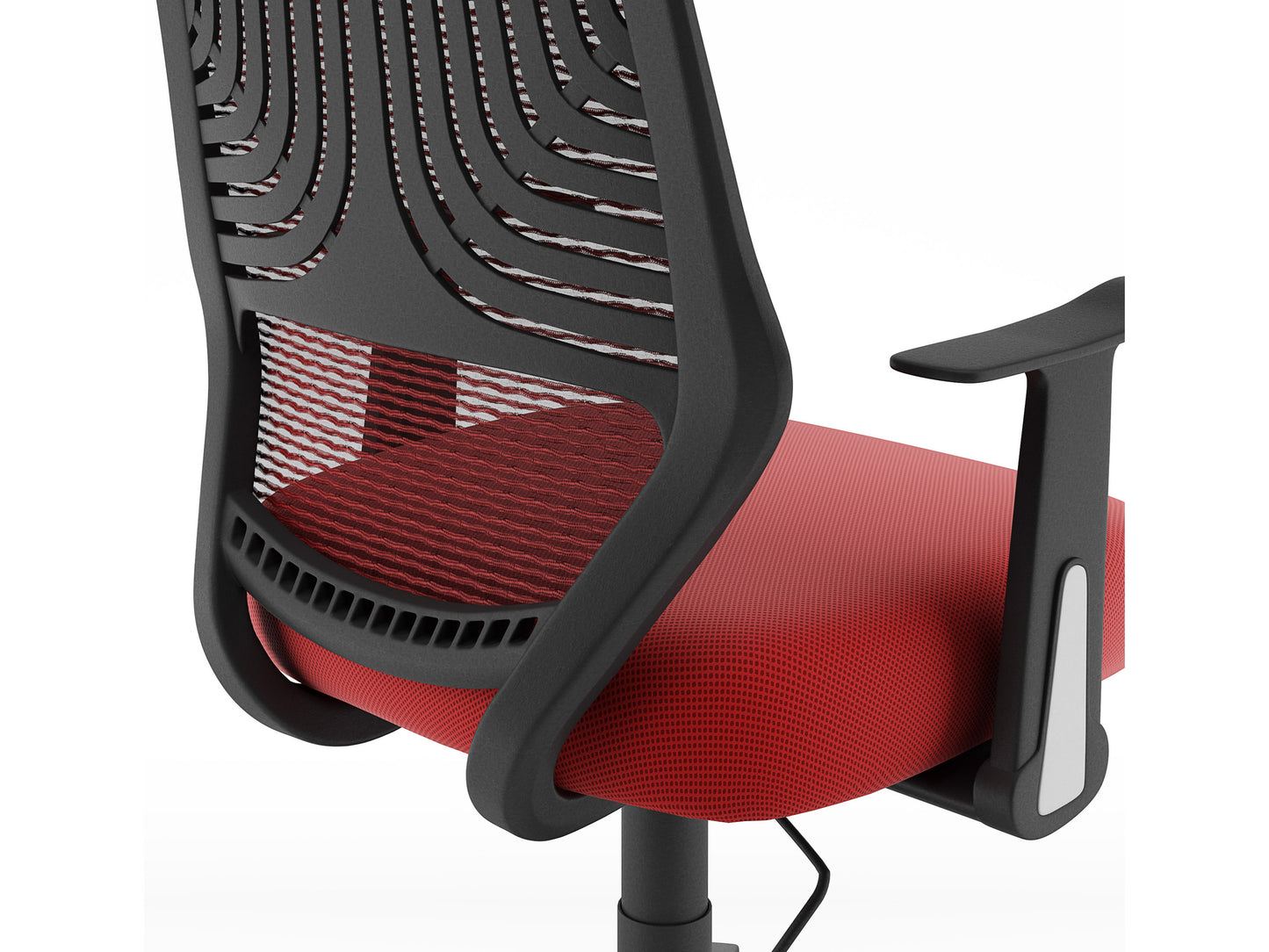 Ergonomic mesh office chair with adjustable armrests, lumbar support, and black breathable mesh backrest on a five-wheel base.