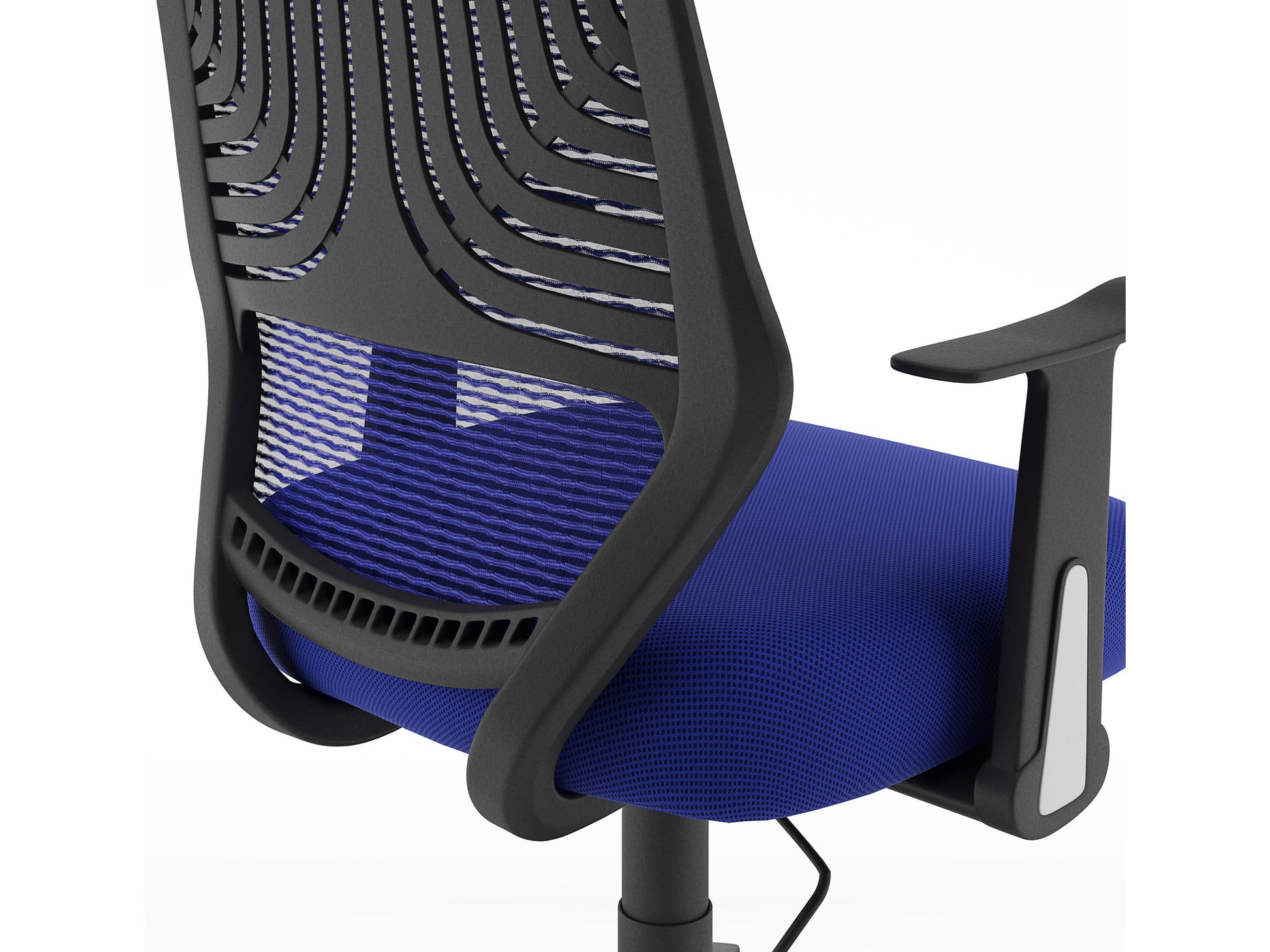 Blue mesh office chair with ergonomic design, adjustable armrests, lumbar support, and a swivel base. Ideal for home or office use, providing comfort and breathability with a modern aesthetic.