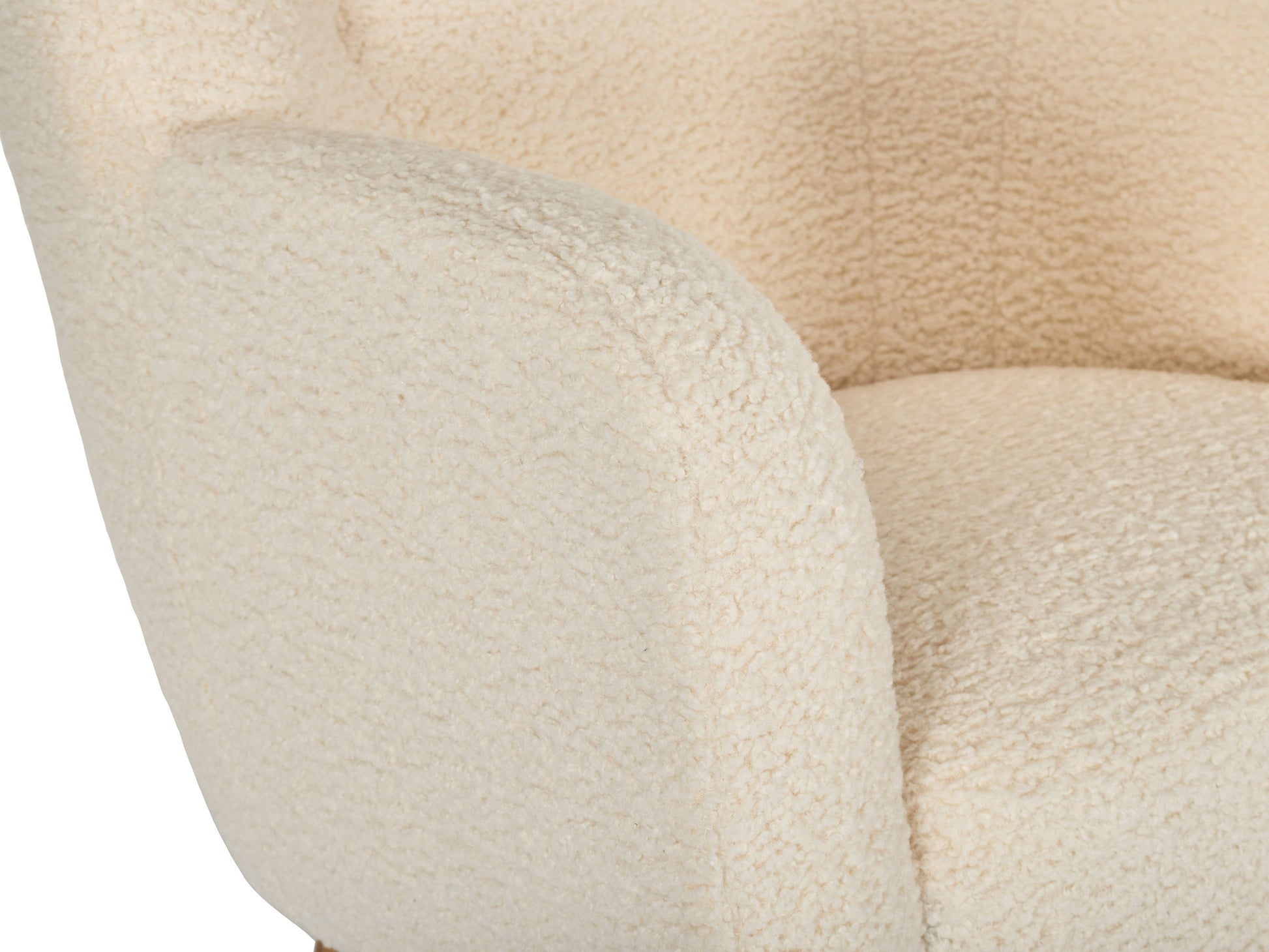 Cream Boucle Wing Accent Chair with curved backrest, wooden legs, and textured upholstery. Ideal for modern living rooms or reading nooks, offering both comfort and a stylish touch.