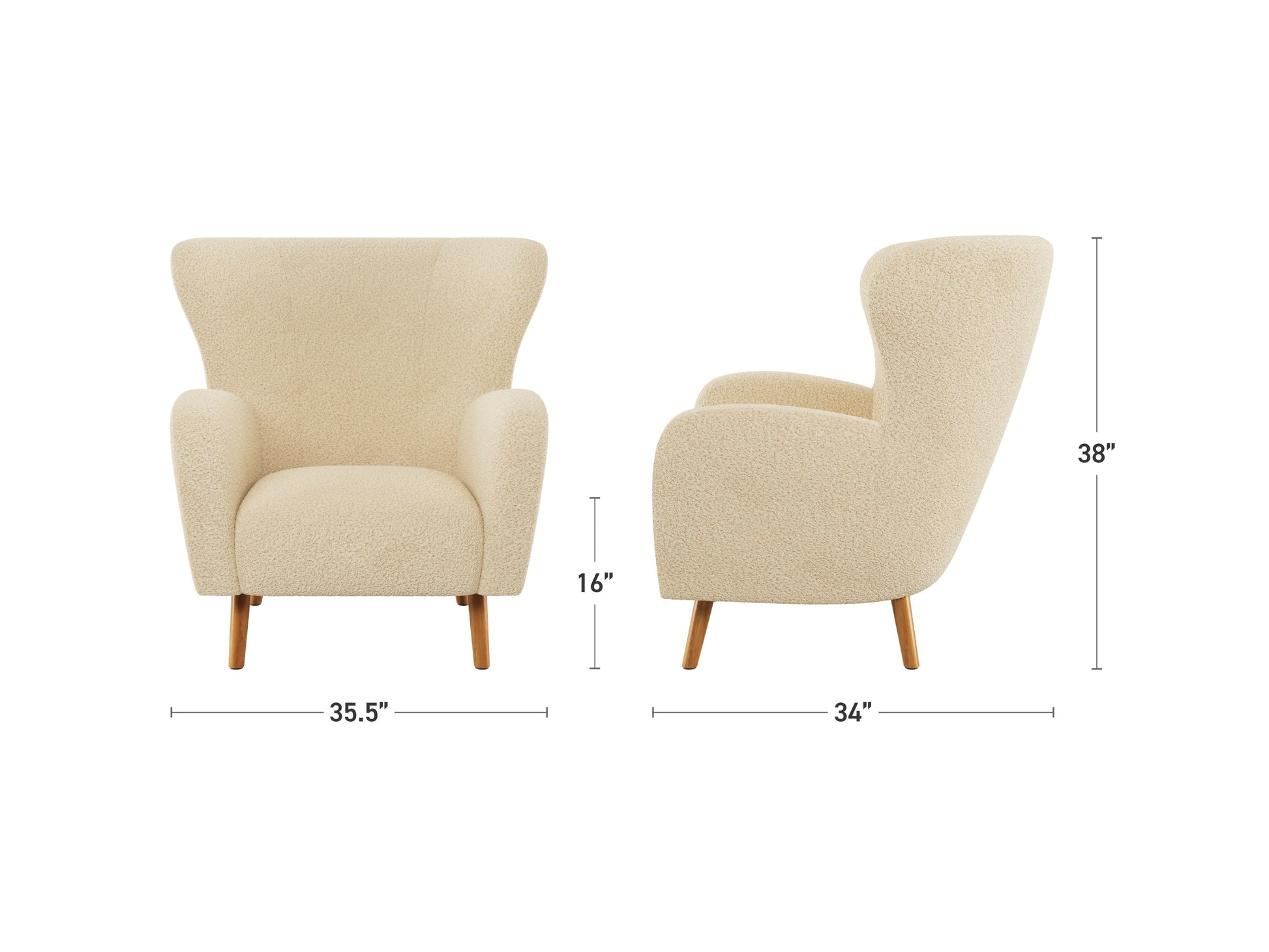 Boucle wing accent chair with cream-colored upholstery, wooden legs, and a textured fabric finish. Perfect for living rooms or reading nooks, offering a blend of comfort and style.
