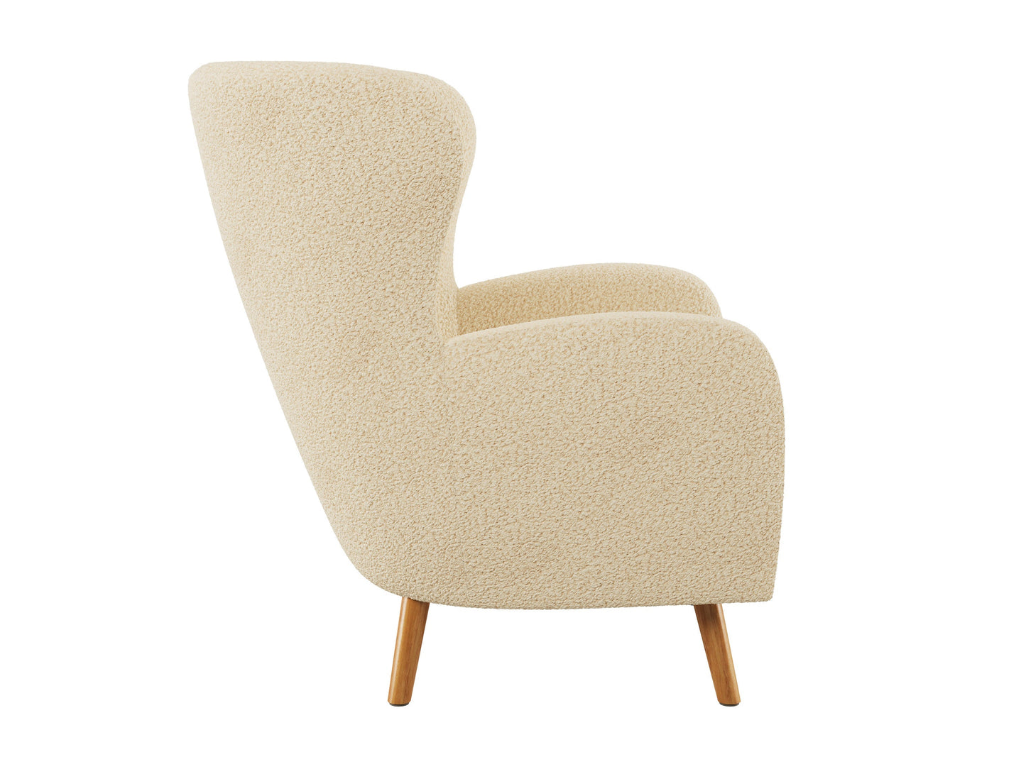 Cream boucle wing accent chair with curved back, wooden legs, and plush upholstery. Perfect for modern living rooms or reading nooks, providing comfort and style with its elegant design and soft texture.