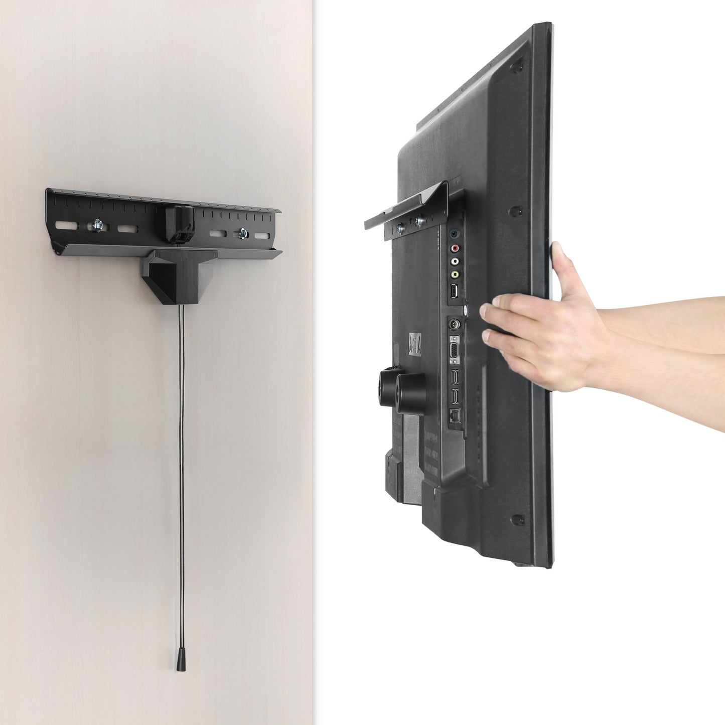 Heavy-duty drywall TV mount for 37" to 80" TVs, featuring a sleek black finish, robust steel construction, and adjustable arm for optimal viewing angles.