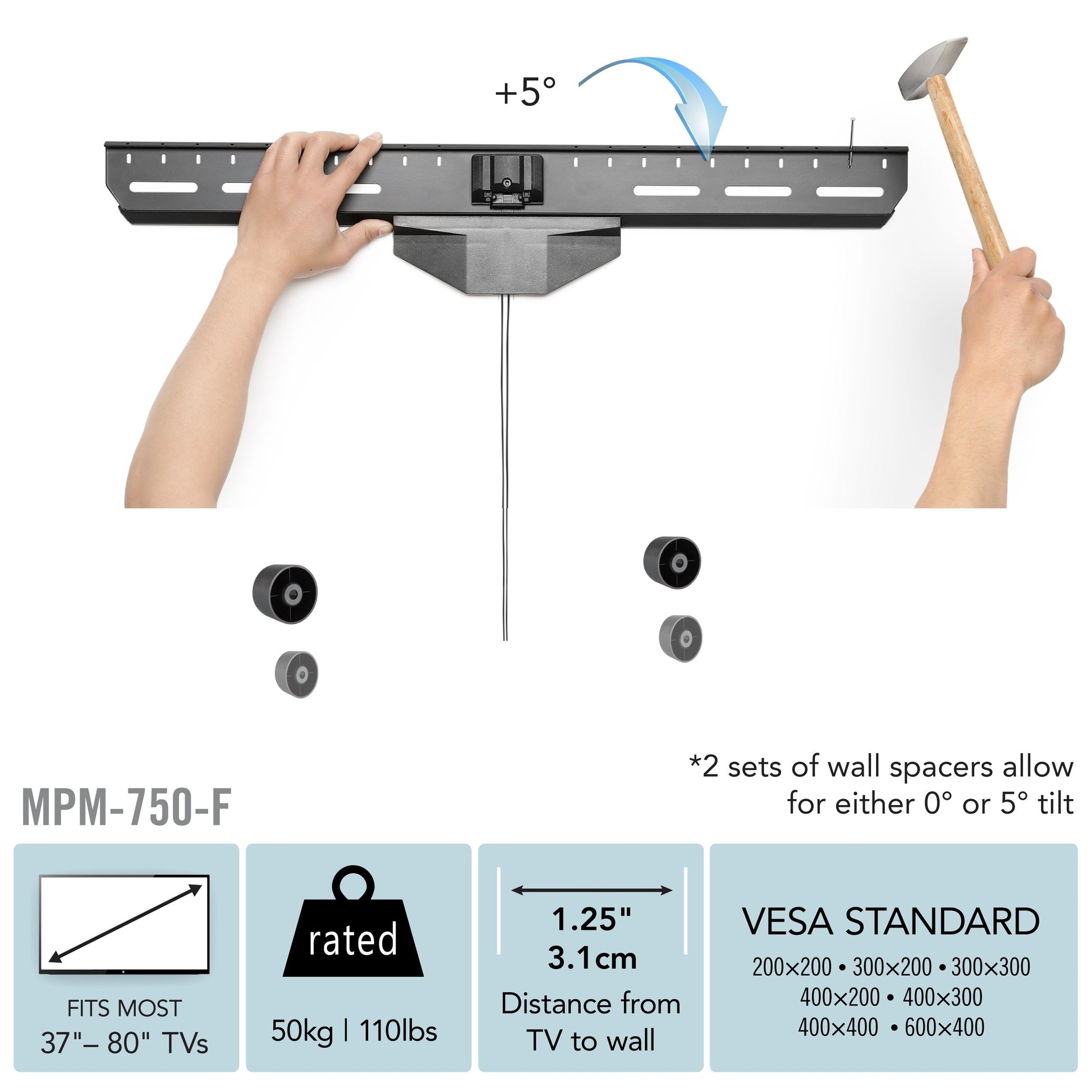 Heavy-duty drywall TV mount for 37" - 80" TVs, black, durable steel construction with adjustable arms, sleek design, easy installation, supports flat and curved screens.