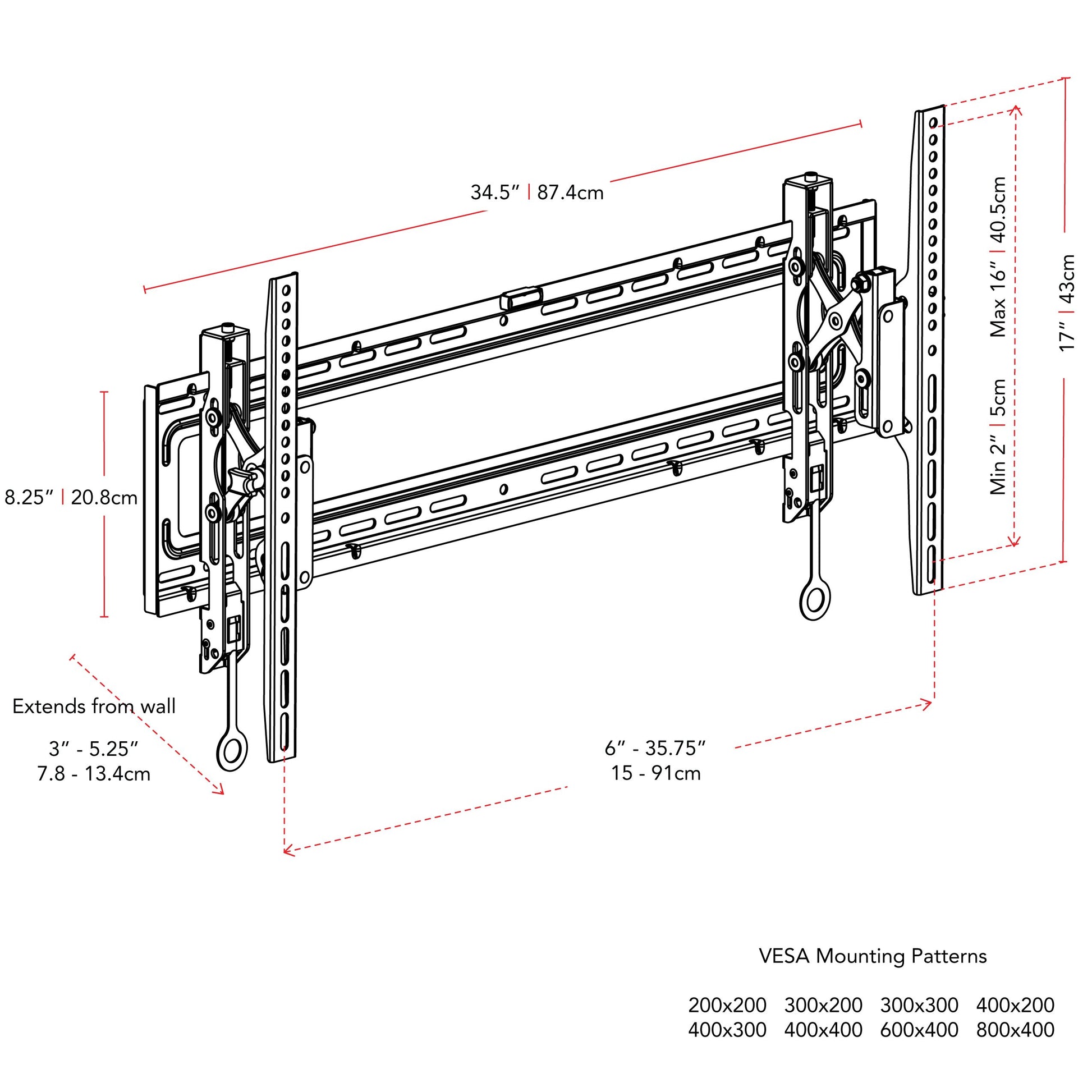 Tilting TV wall mount for 43" - 90" TVs, black, heavy-duty steel construction, adjustable tilt, cable management system, easy installation, supports up to 150 lbs, ideal for living rooms and home theaters.