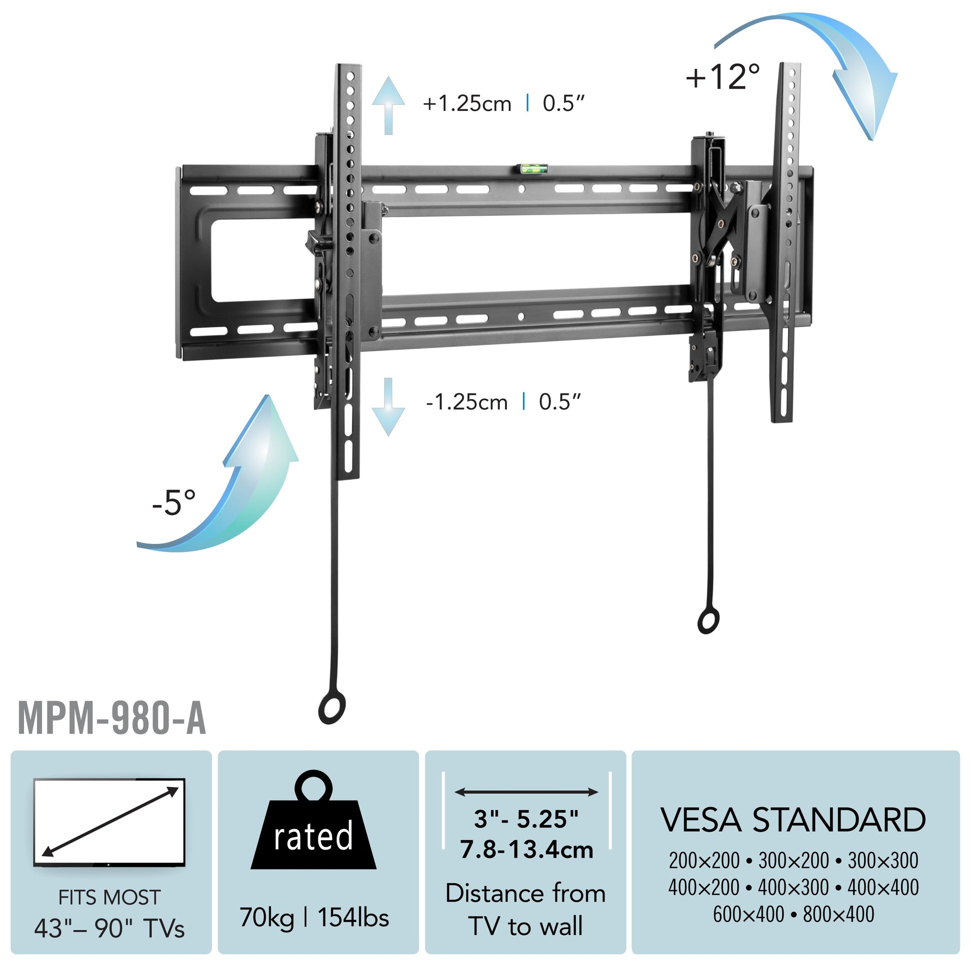 Tilting TV wall mount for 43" - 90" TVs, black steel construction, adjustable angle, slim profile, easy installation, secure and stable mounting solution, ideal for home entertainment setups.