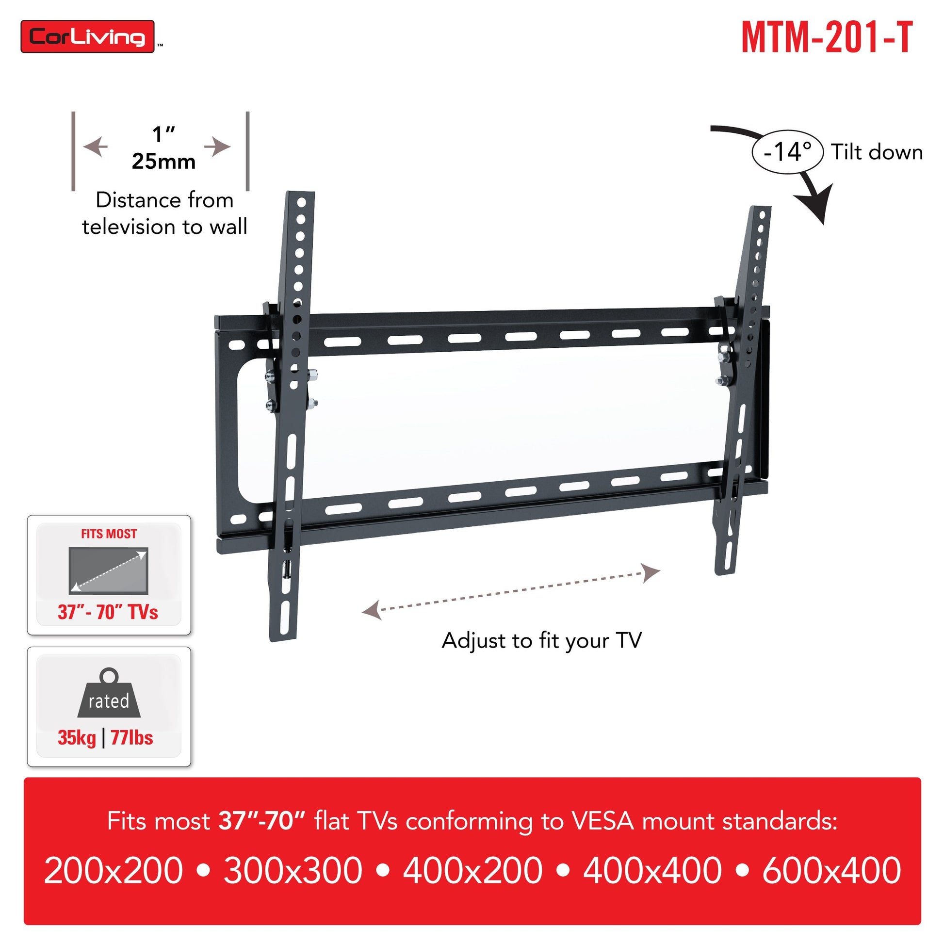 Black 70-inch TV wall mount with adjustable arms, fits 37" to 70" TVs, made of durable steel with a sleek, modern design, suitable for flat-screen TVs, offers tilt and swivel functionality for optimal viewing angles.