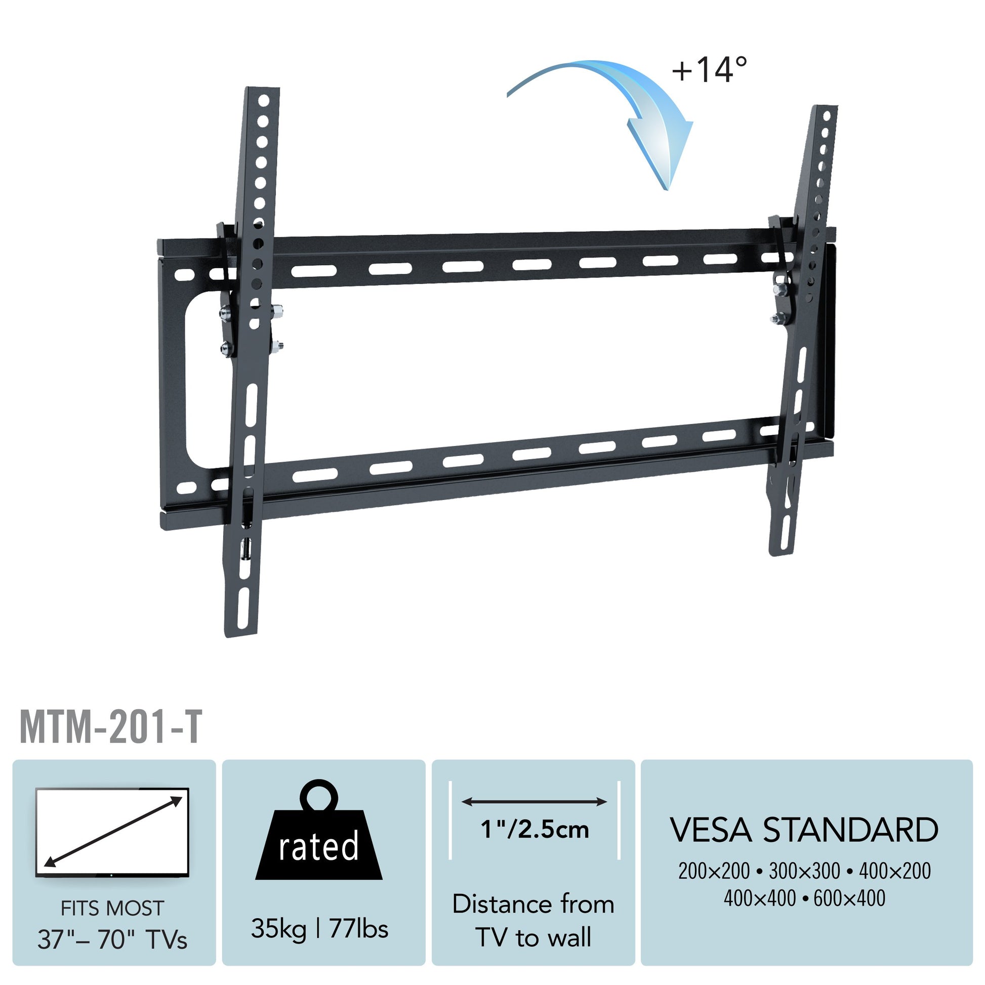 70 inch TV wall mount for 37" to 70" TVs, black steel frame with adjustable tilt and swivel features, mounted on a white living room wall with a modern minimalist design.