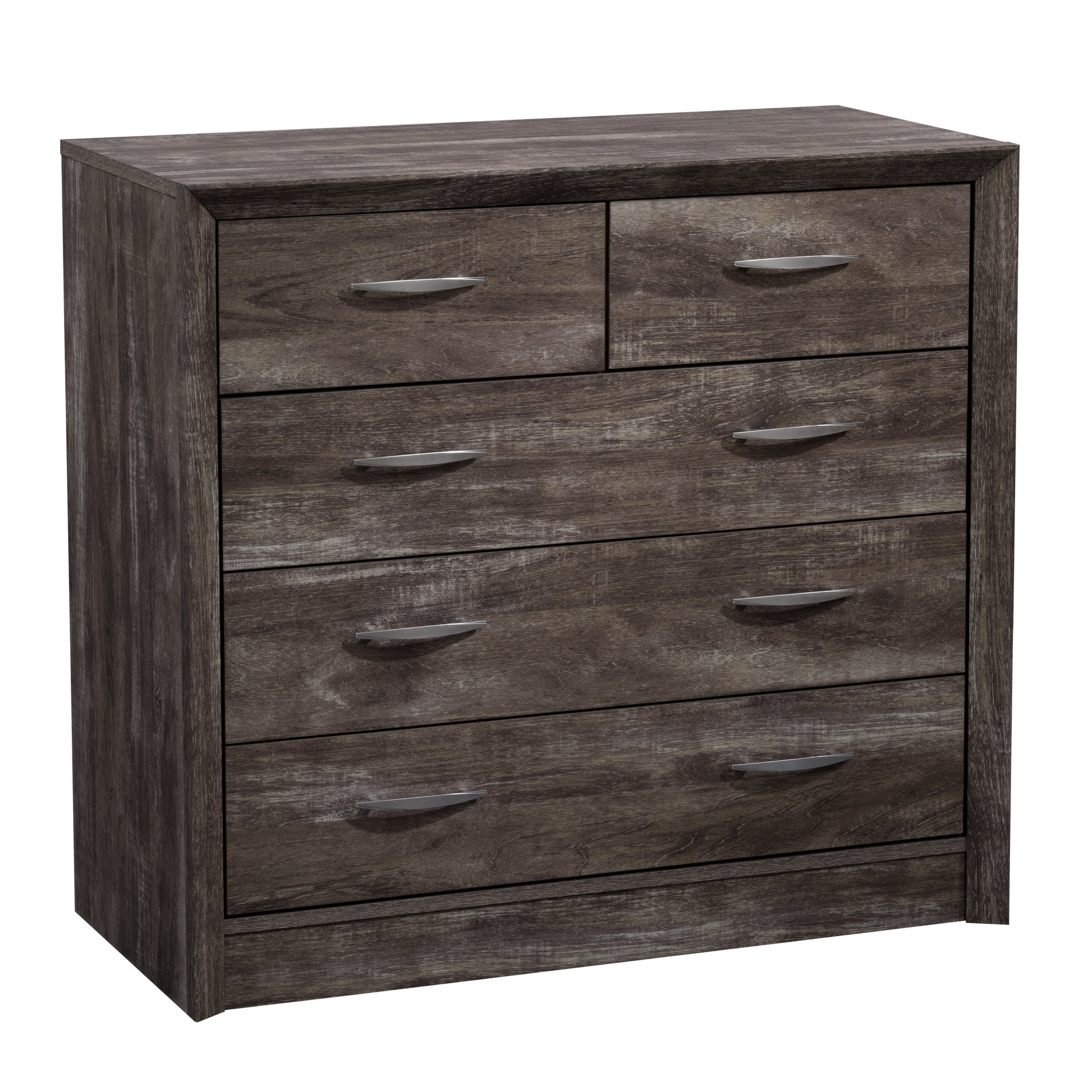 Mid-century modern dresser with walnut finish, six drawers, sleek metal handles, and tapered legs.