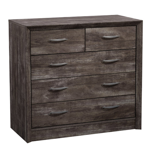 Mid-century modern dresser with walnut finish, six drawers, sleek metal handles, and tapered legs.