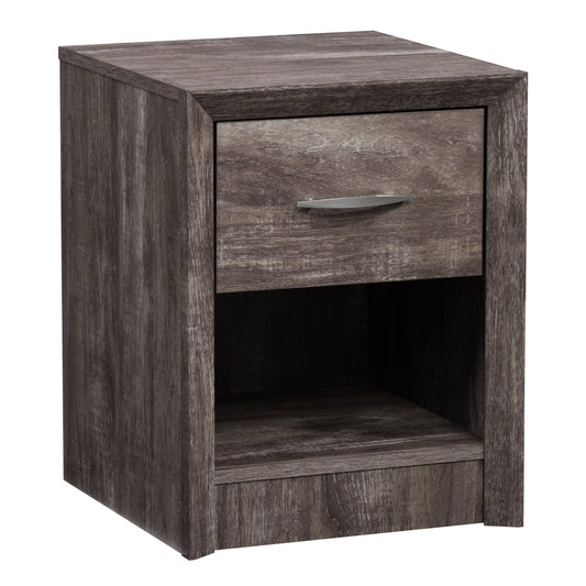 Mid-century modern nightstand with walnut finish, featuring two white drawers and angled wooden legs, perfect for bedroom storage and decor.