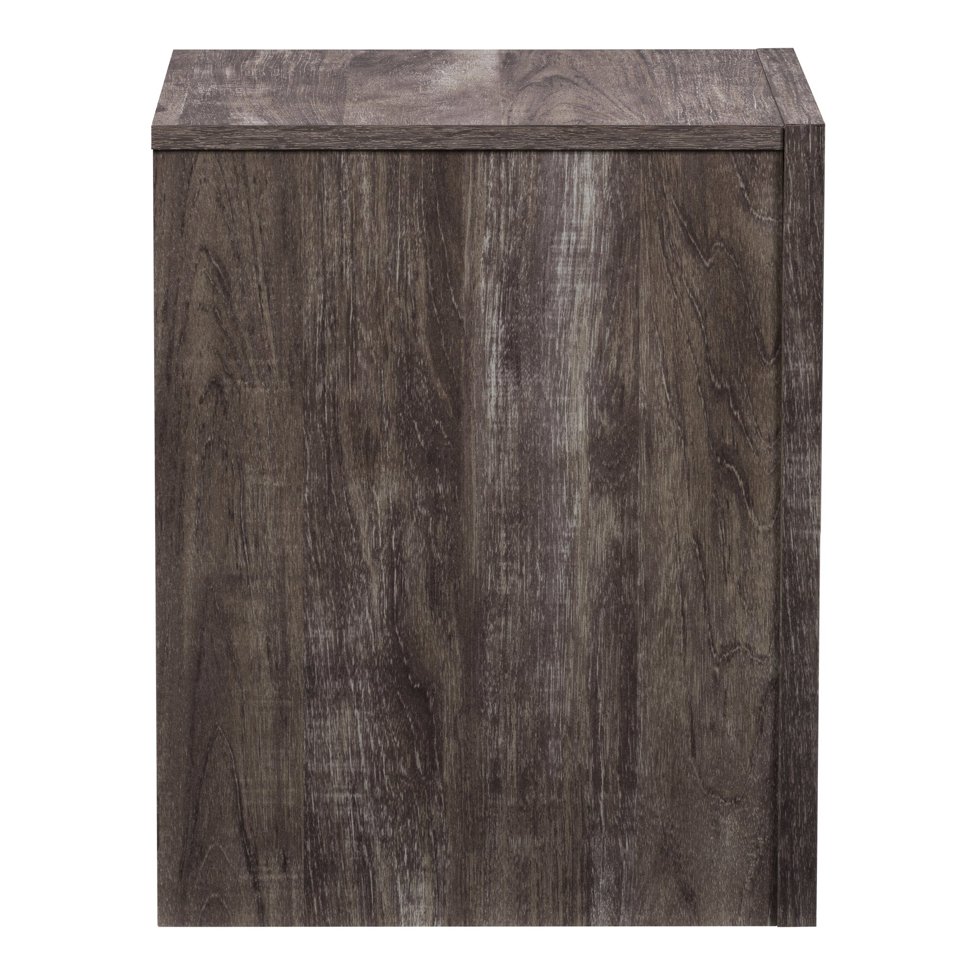 Mid-century modern night stand in walnut finish with two white drawers, tapered legs, and sleek metal handles; perfect for bedroom storage and decor.