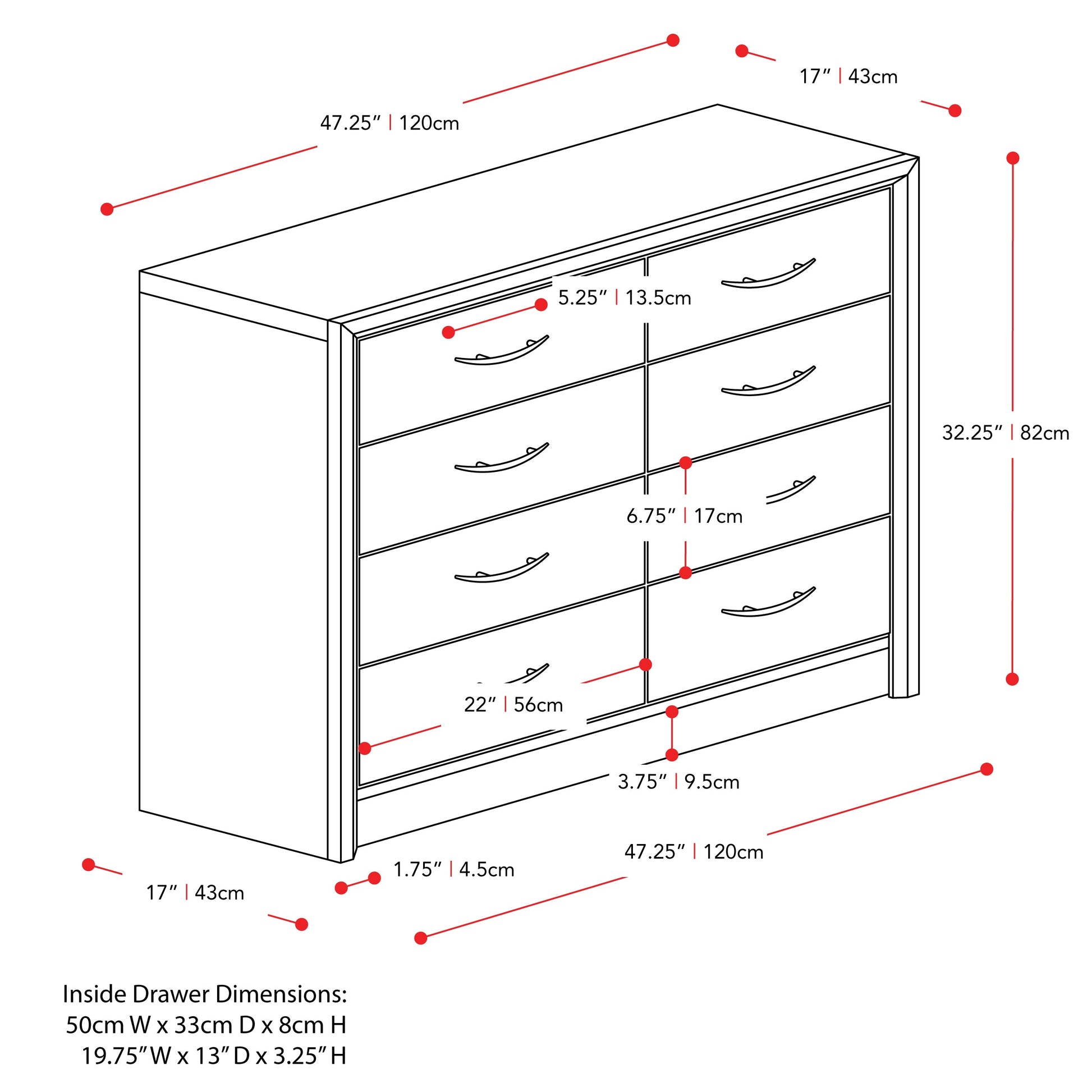 8 drawer white dresser with sleek, modern design, featuring silver handles and a smooth finish. Ideal for bedroom storage and organization.