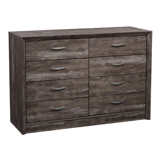 8 drawer dresser with a sleek white finish, natural wood top, and elegant metal handles, featuring a minimalist design perfect for modern bedrooms or living rooms.