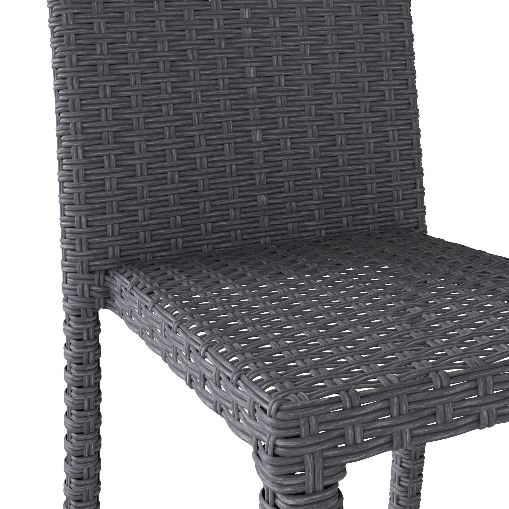 Set of four modern patio dining chairs with gray wicker seats, white metal frames, and comfortable armrests, perfect for outdoor dining and relaxation.