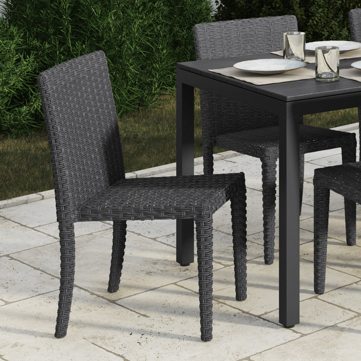 Set of four patio dining chairs with dark brown wicker, beige cushions, and sturdy metal frames, ideal for outdoor use. The chairs feature a contemporary design with comfortable seating and weather-resistant materials.
