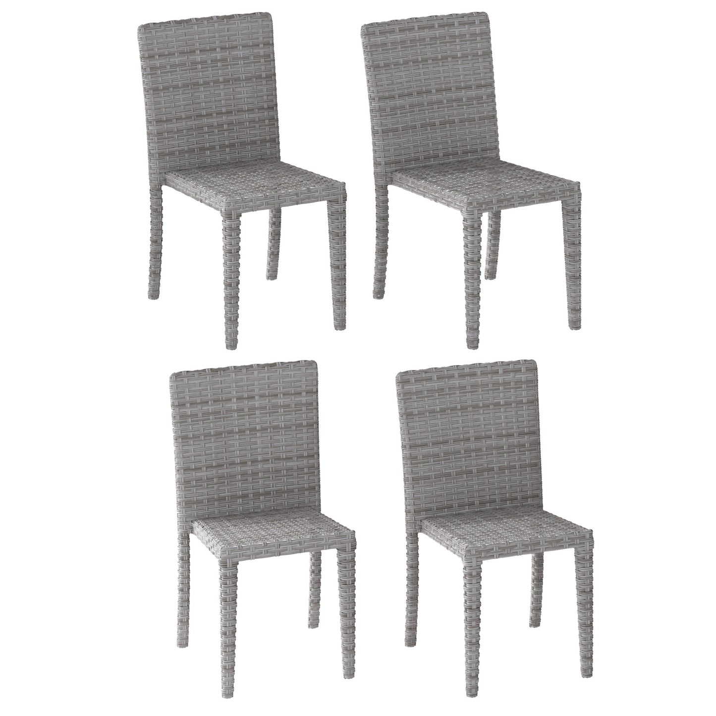 Set of 4 modern patio dining chairs with black metal frames, beige cushioned seats, and backrests featuring a woven rattan design. Ideal for outdoor dining, providing comfort and style to any patio setup.