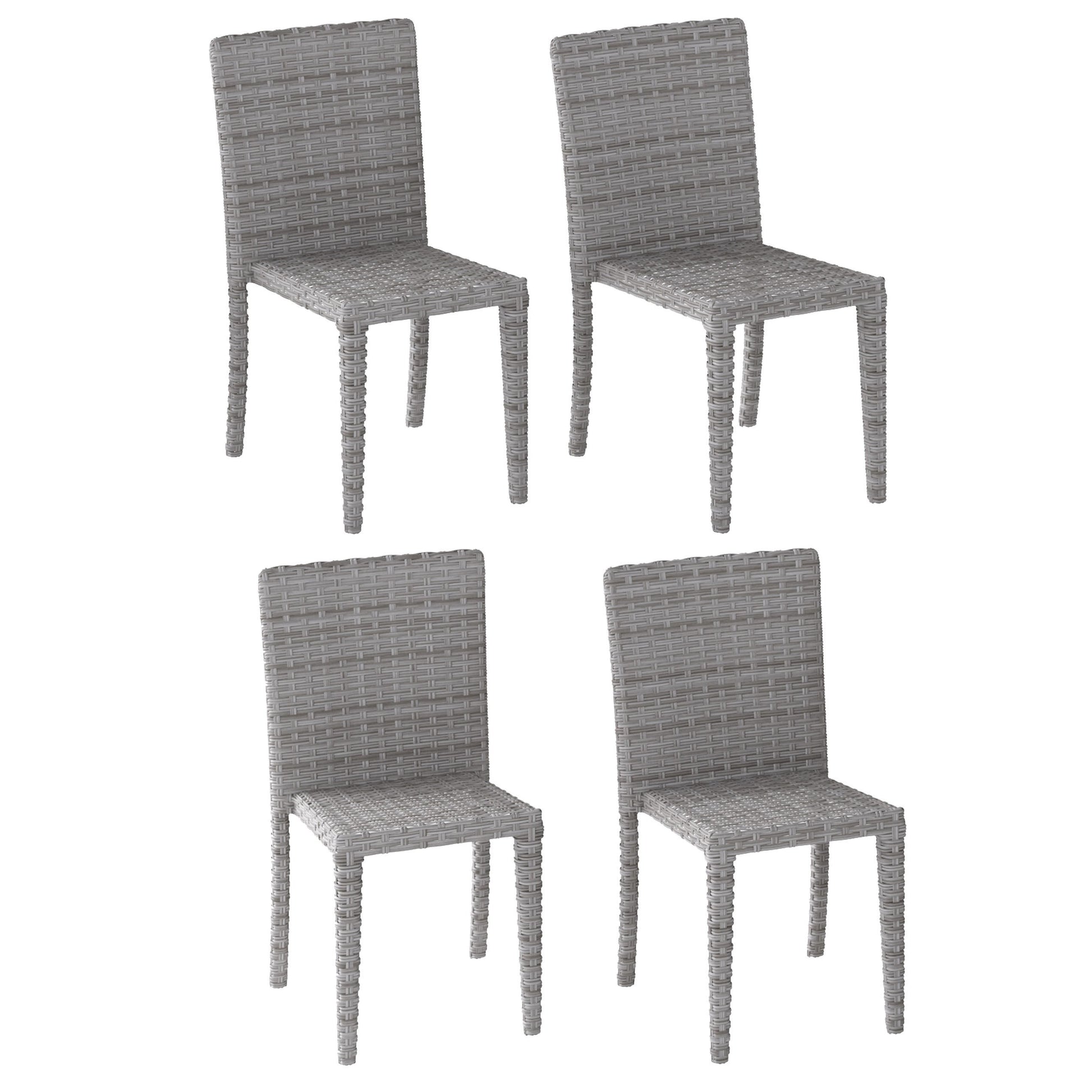 Set of 4 modern patio dining chairs with black metal frames, beige cushioned seats, and backrests featuring a woven rattan design. Ideal for outdoor dining, providing comfort and style to any patio setup.