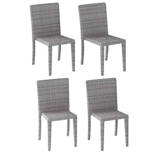 Set of 4 modern patio dining chairs with black metal frames, beige cushioned seats, and backrests featuring a woven rattan design. Ideal for outdoor dining, providing comfort and style to any patio setup.