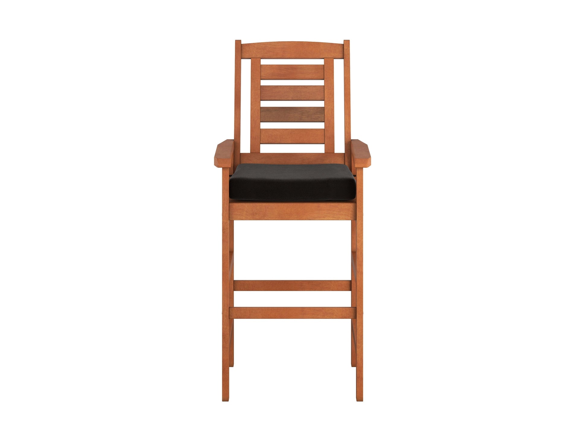 Two wooden patio bar stools with slatted backs and seats, featuring a natural wood finish and sturdy metal frames, perfect for outdoor bar settings.