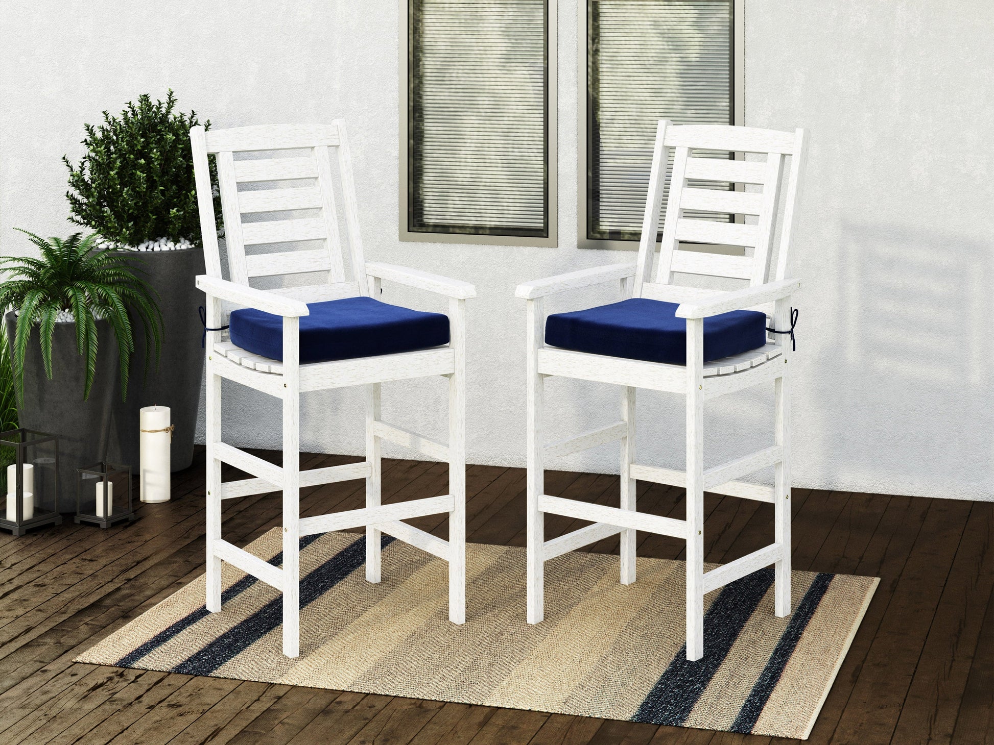 Modern wooden patio bar stools set of 2, featuring a sleek natural wood finish with black metal legs, ergonomic curved backrest, and comfortable footrest, ideal for outdoor or indoor bar settings.