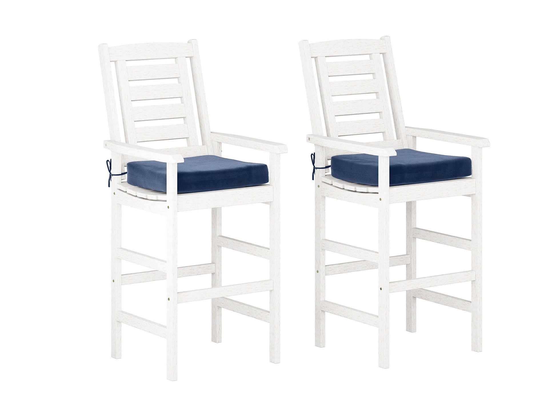 Set of 2 wooden patio bar stools with natural wood finish, sturdy metal legs, and ergonomic curved seats. Perfect for outdoor seating areas, blending rustic charm with modern design.