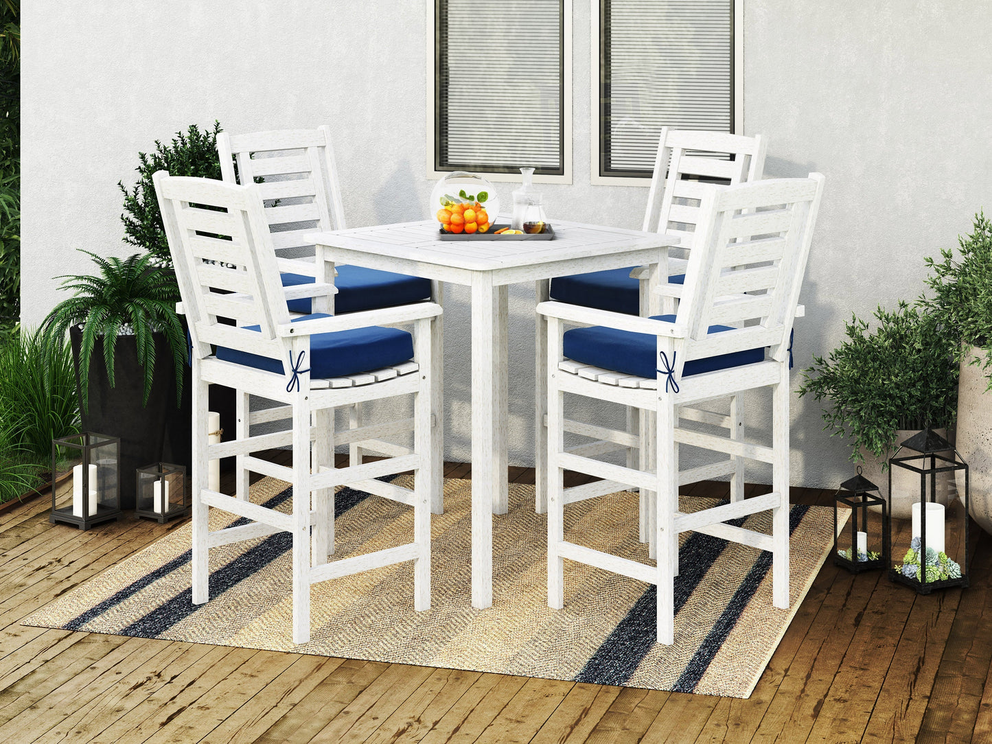 Modern outdoor patio bar set with 4 cushioned stools and a rectangular bar table, featuring a sleek black metal frame and beige woven rattan design. Ideal for garden or backyard entertaining.