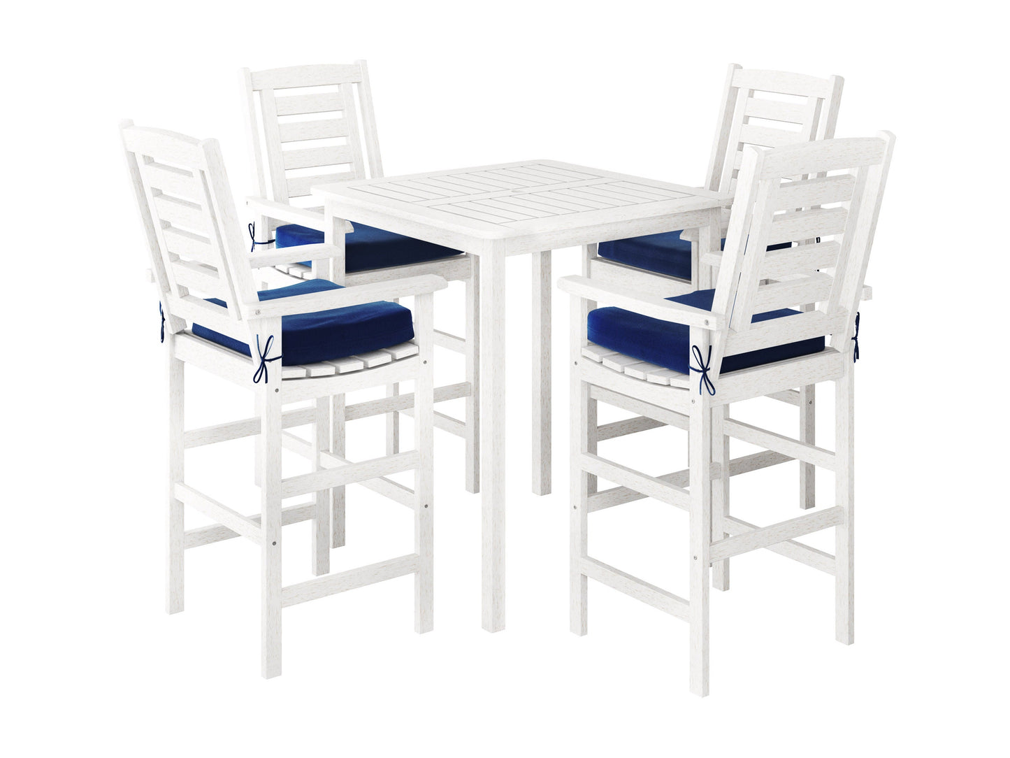 5-piece patio bar bistro set with grey woven rattan, glass tabletop, and white cushions on bar stools, ideal for outdoor dining and entertaining.
