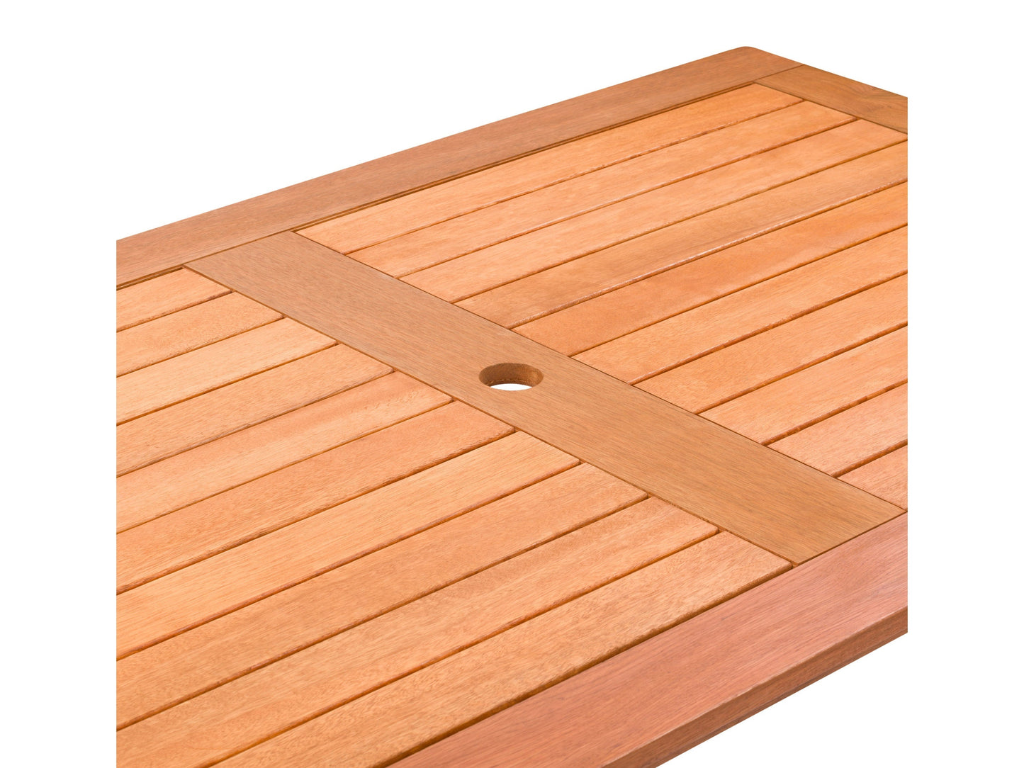 Brown outdoor wood dining table with slatted top, sturdy legs, and weather-resistant finish, perfect for patio dining and entertaining.