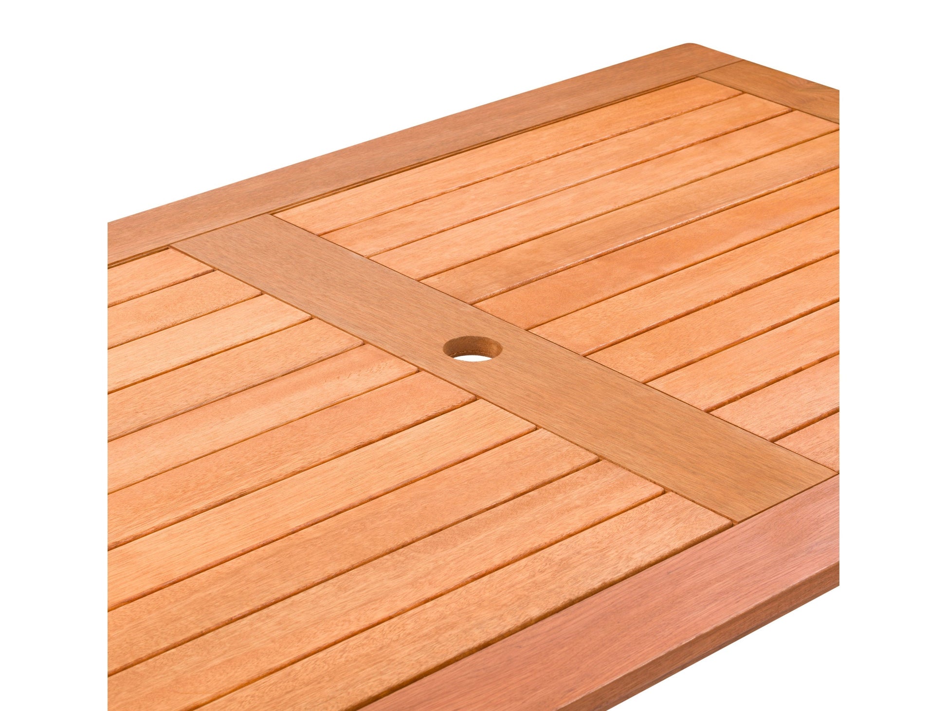 Brown outdoor wood dining table with slatted top, sturdy legs, and weather-resistant finish, perfect for patio dining and entertaining.