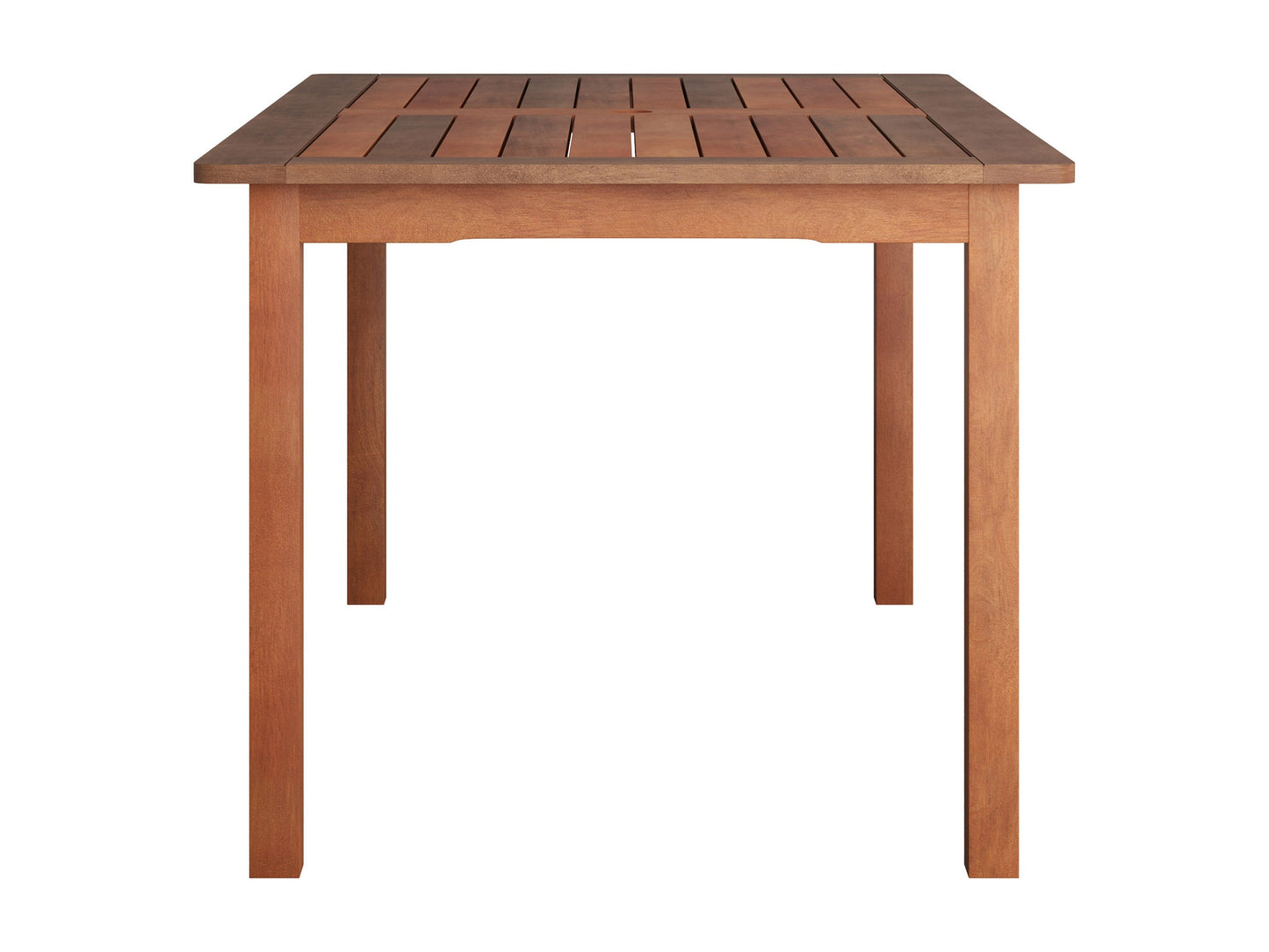 Brown outdoor wood dining table with slatted top, sturdy legs, and weather-resistant finish, perfect for patio dining and entertaining.