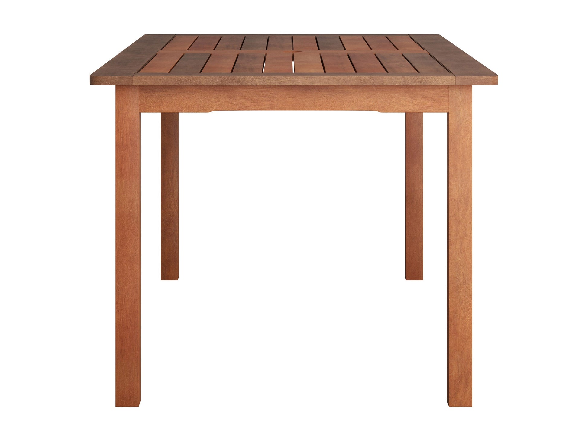 Brown outdoor wood dining table with slatted top, sturdy legs, and weather-resistant finish, perfect for patio dining and entertaining.