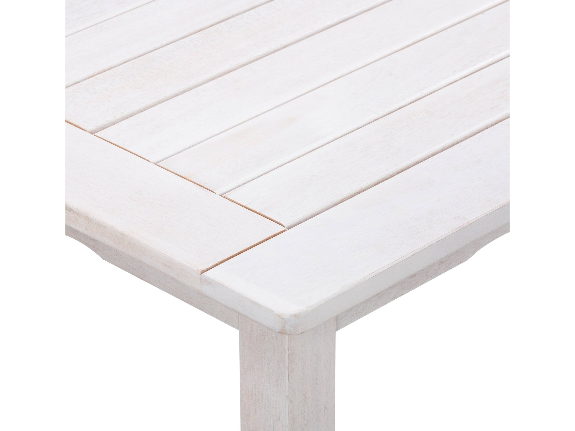Washed white outdoor wood dining table with slatted top and sturdy legs, perfect for patio dining. Durable wooden construction with a rustic finish, designed for outdoor use. Ideal for garden or backyard settings.