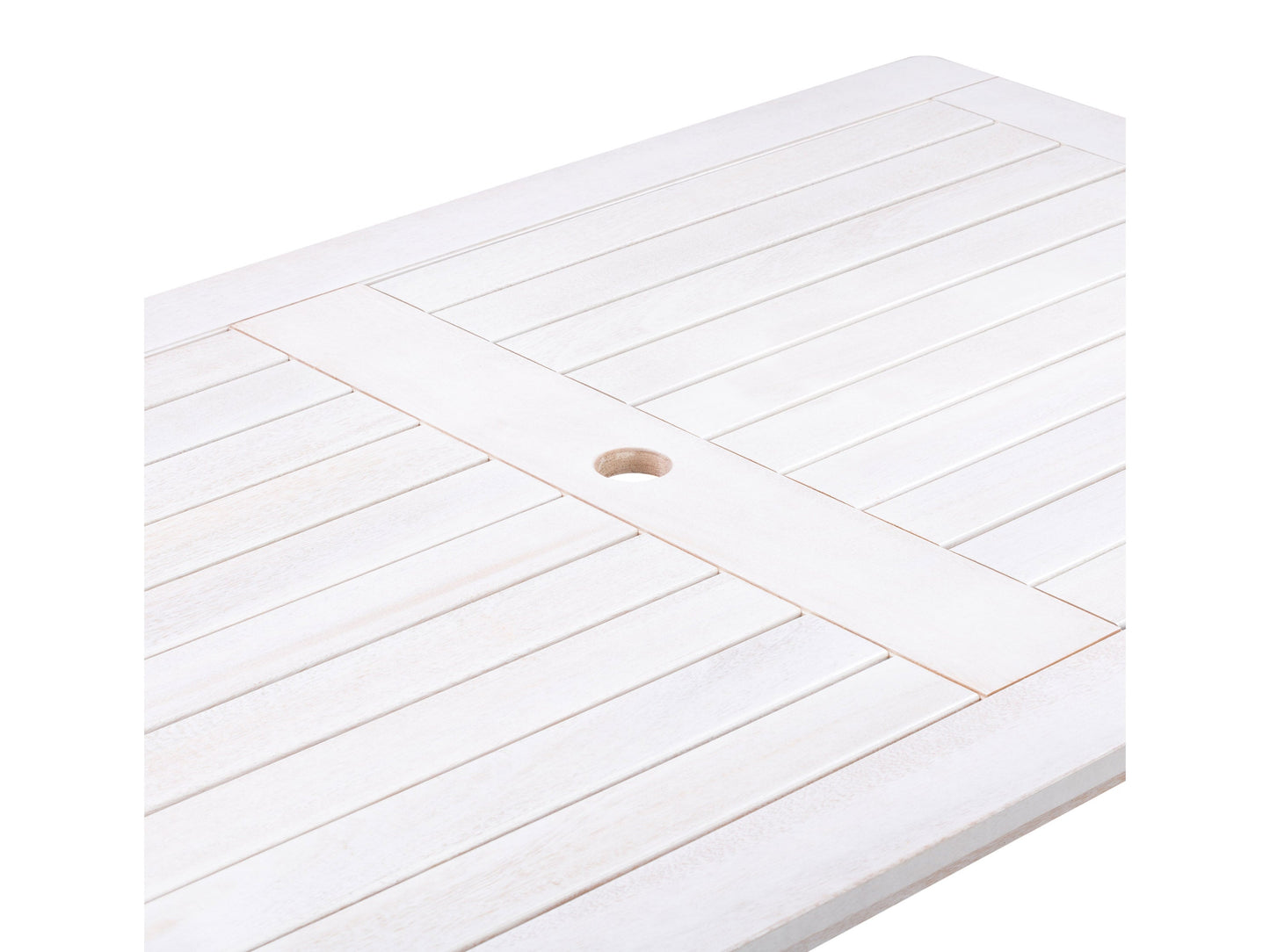 Washed white outdoor wood dining table with slatted top and sturdy legs, perfect for patio dining. Durable wooden construction with a rustic finish, designed for outdoor use. Ideal for garden or backyard settings.