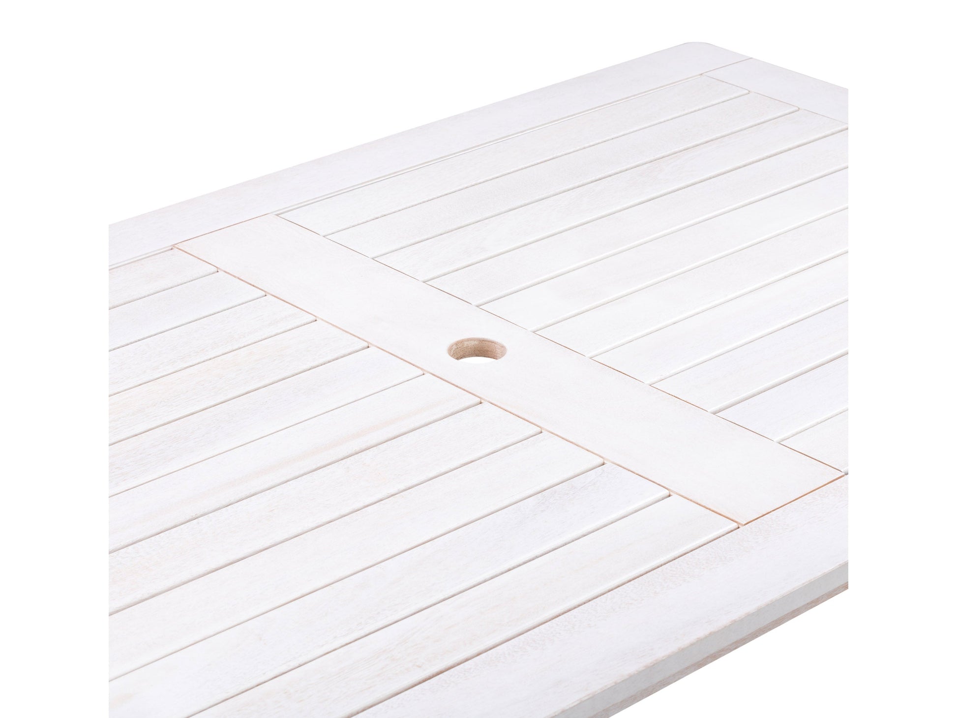 Washed white outdoor wood dining table with slatted top and sturdy legs, perfect for patio dining. Durable wooden construction with a rustic finish, designed for outdoor use. Ideal for garden or backyard settings.