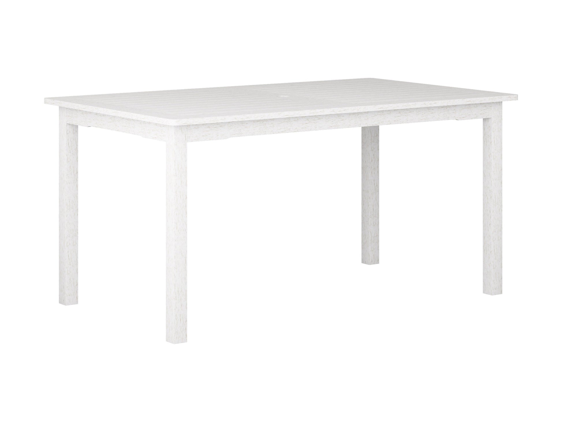 Washed white outdoor wood dining table with slatted top and sturdy legs, perfect for patio dining. Durable wooden construction with a rustic finish, designed for outdoor use. Ideal for garden or backyard settings.