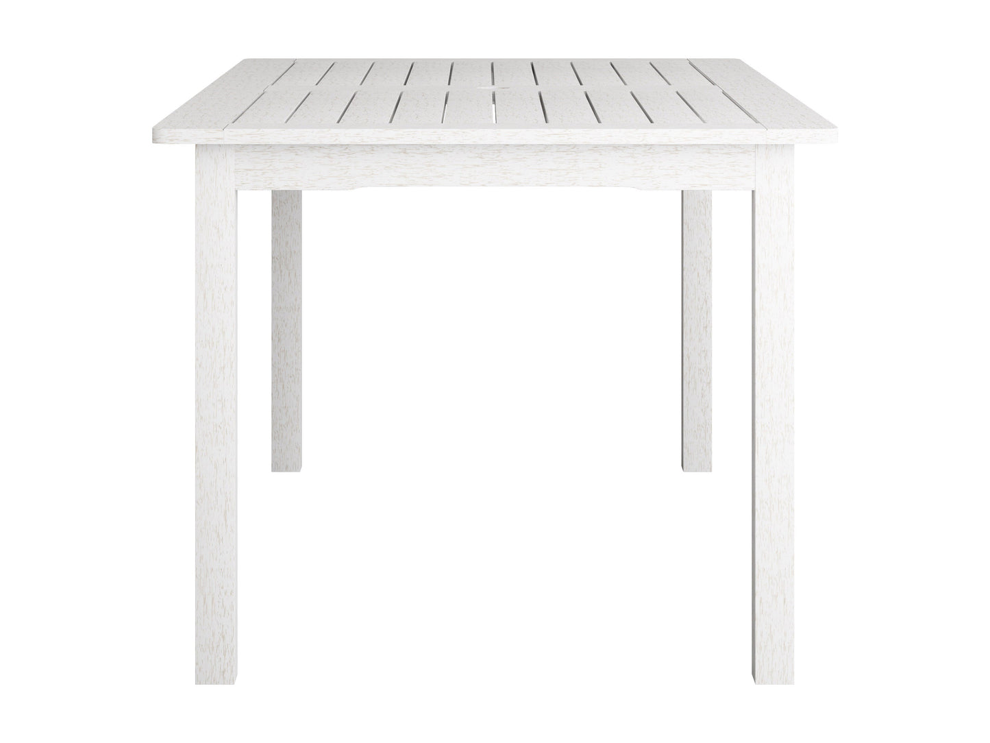 Washed white outdoor wood dining table with slatted top and sturdy legs, perfect for patio dining. Durable wooden construction with a rustic finish, designed for outdoor use. Ideal for garden or backyard settings.