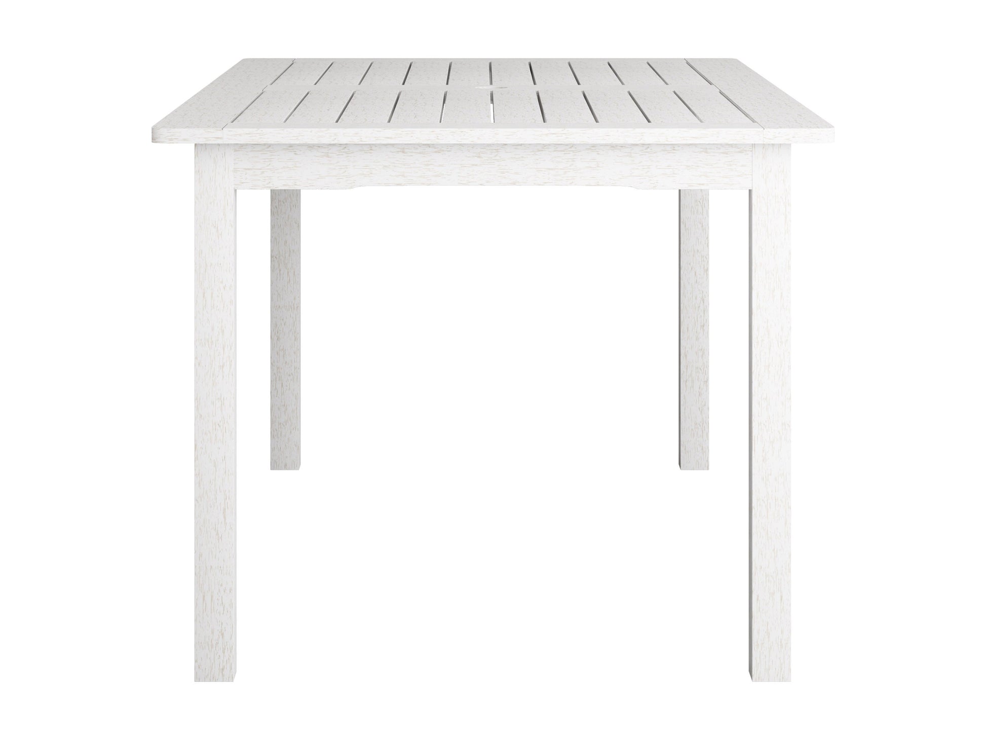 Washed white outdoor wood dining table with slatted top and sturdy legs, perfect for patio dining. Durable wooden construction with a rustic finish, designed for outdoor use. Ideal for garden or backyard settings.