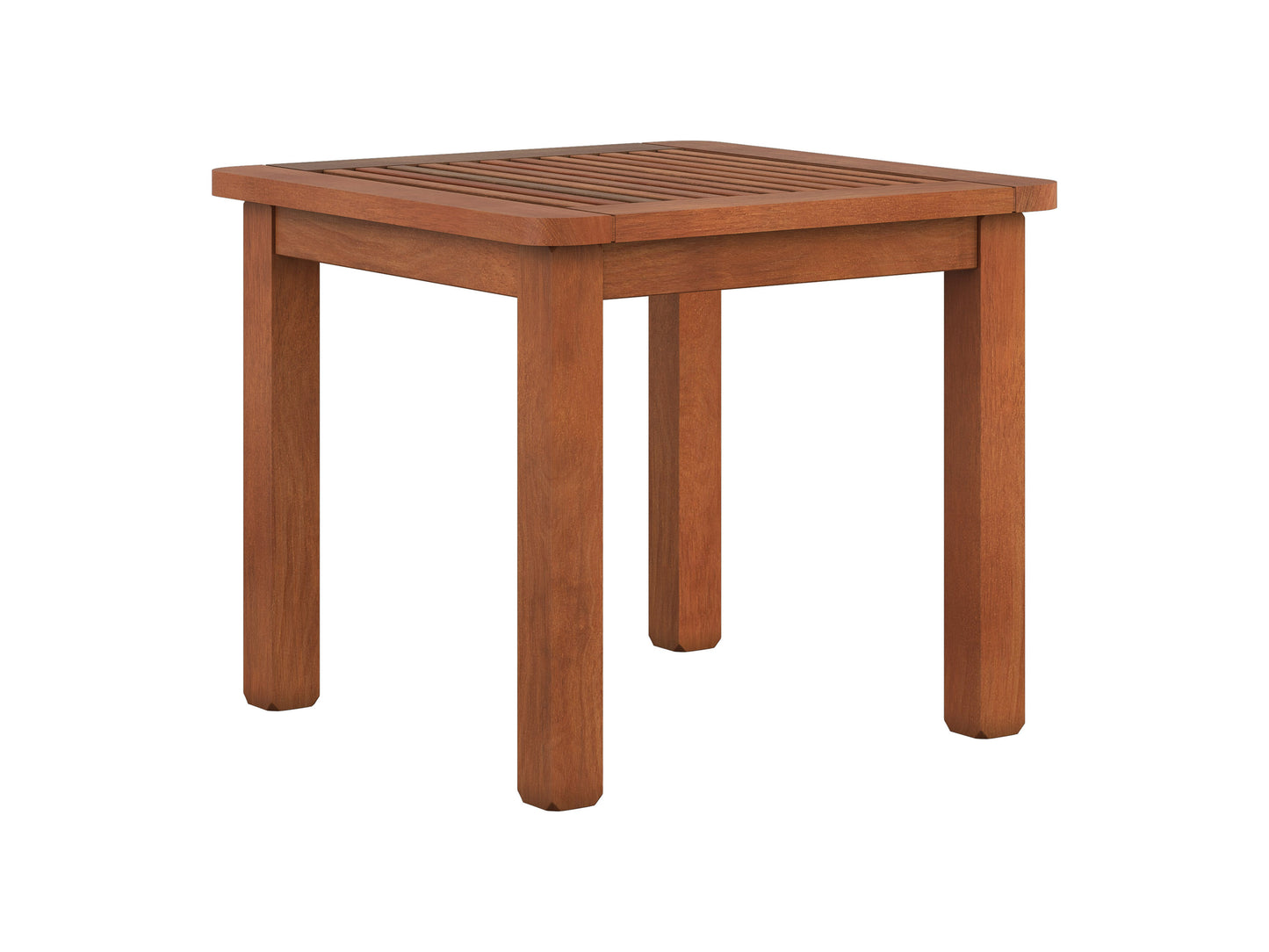 Brown hardwood outdoor side table with slatted top and sturdy legs, perfect for patio or garden use. Durable, weather-resistant material ideal for outdoor settings.