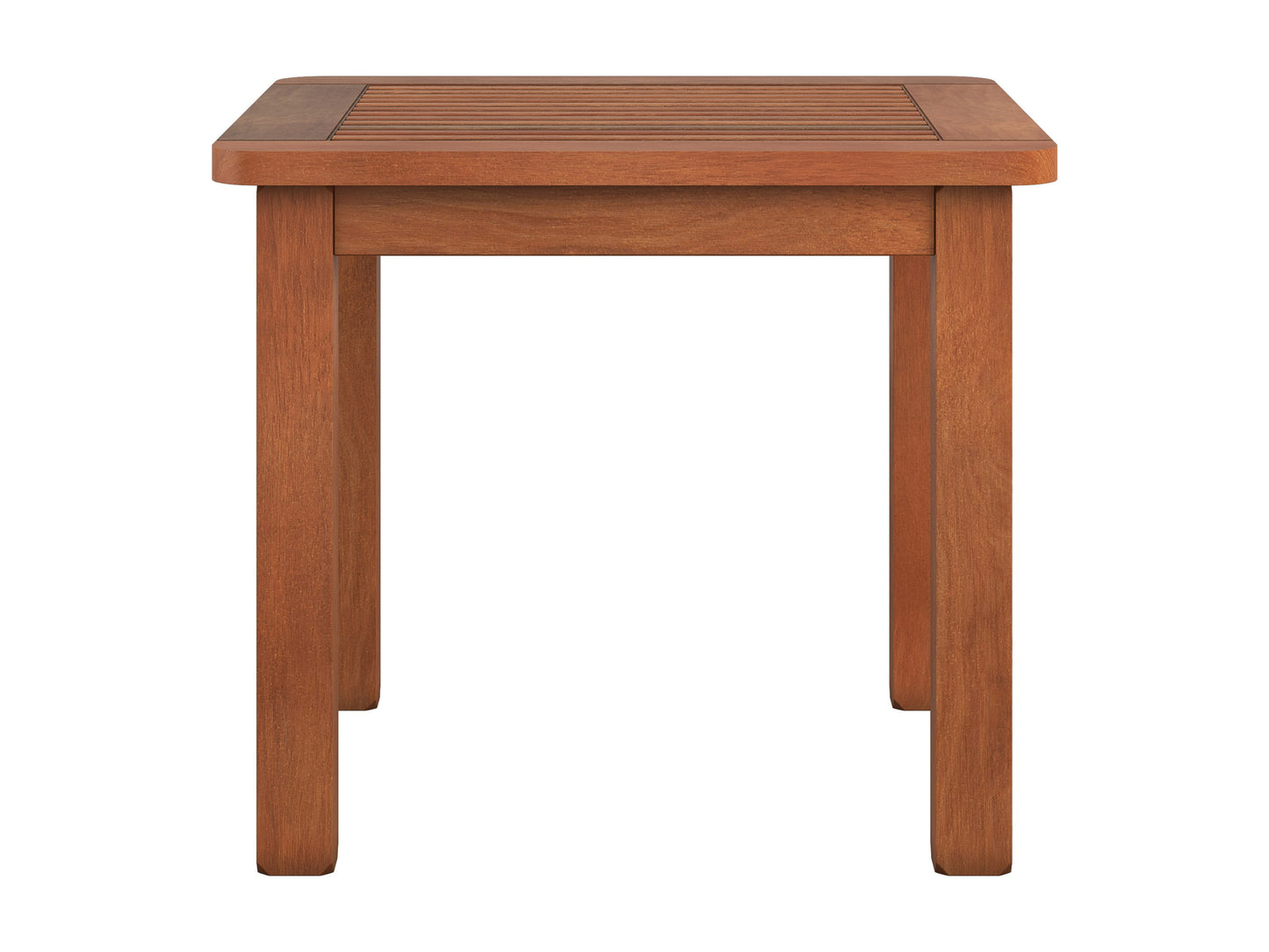 Brown hardwood outdoor side table with slatted top and sturdy legs, perfect for patio or garden use. Durable, weather-resistant material ideal for outdoor settings.
