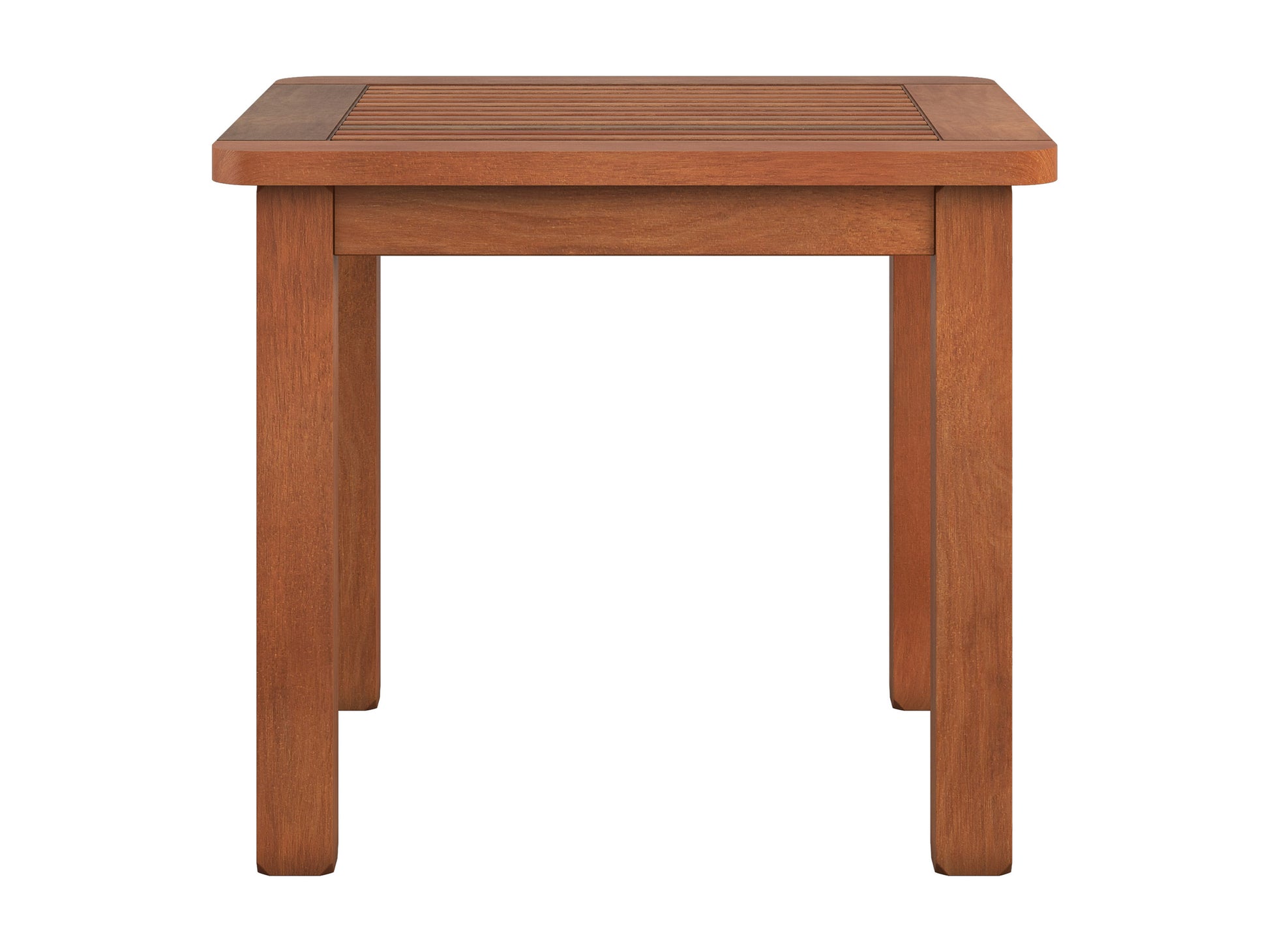 Brown hardwood outdoor side table with slatted top and sturdy legs, perfect for patio or garden use. Durable, weather-resistant material ideal for outdoor settings.