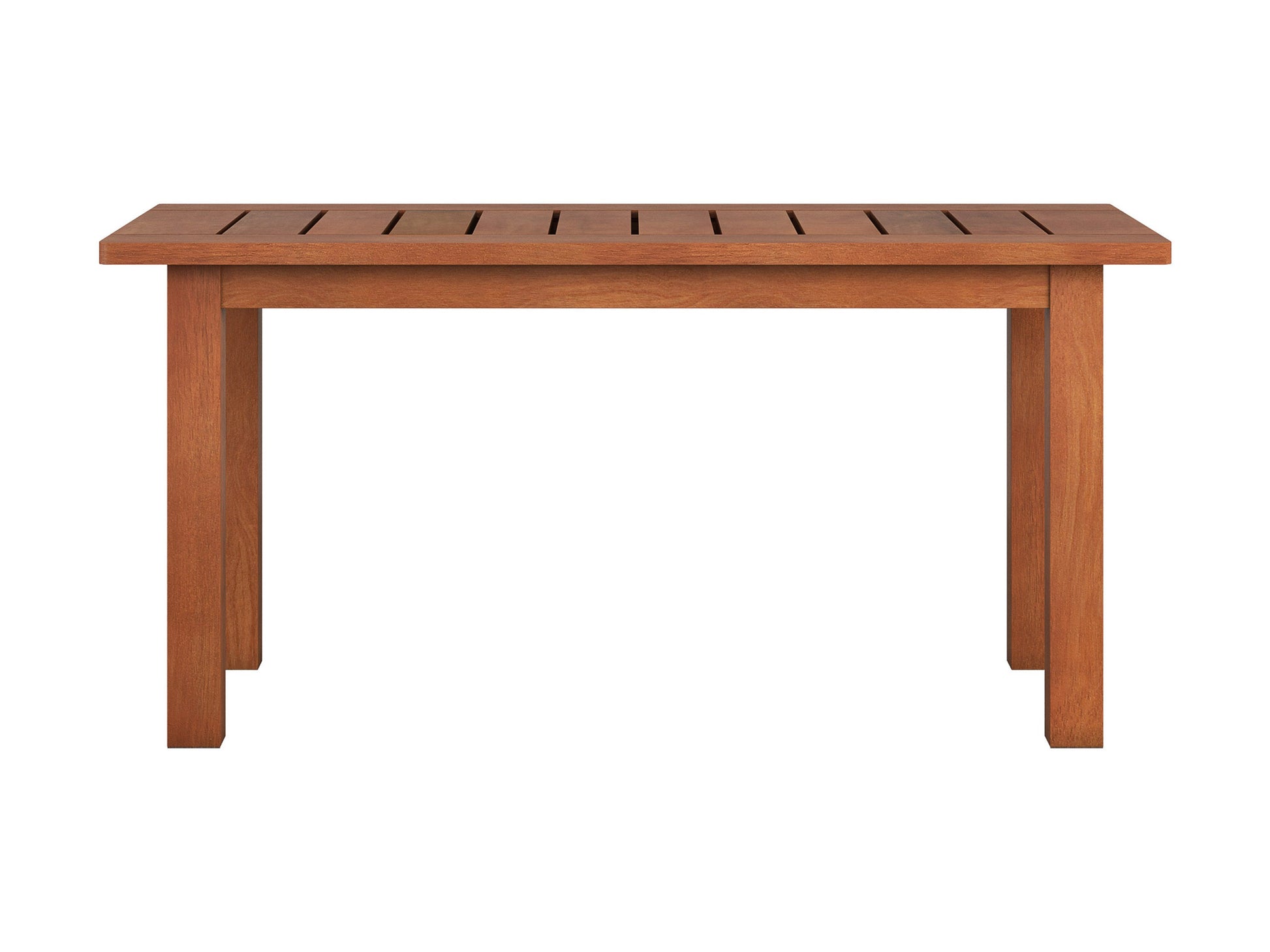 Brown hardwood outdoor coffee table with slatted top and sturdy legs, ideal for patio or garden use. Durable wood construction with natural grain texture, perfect for outdoor gatherings and relaxation.