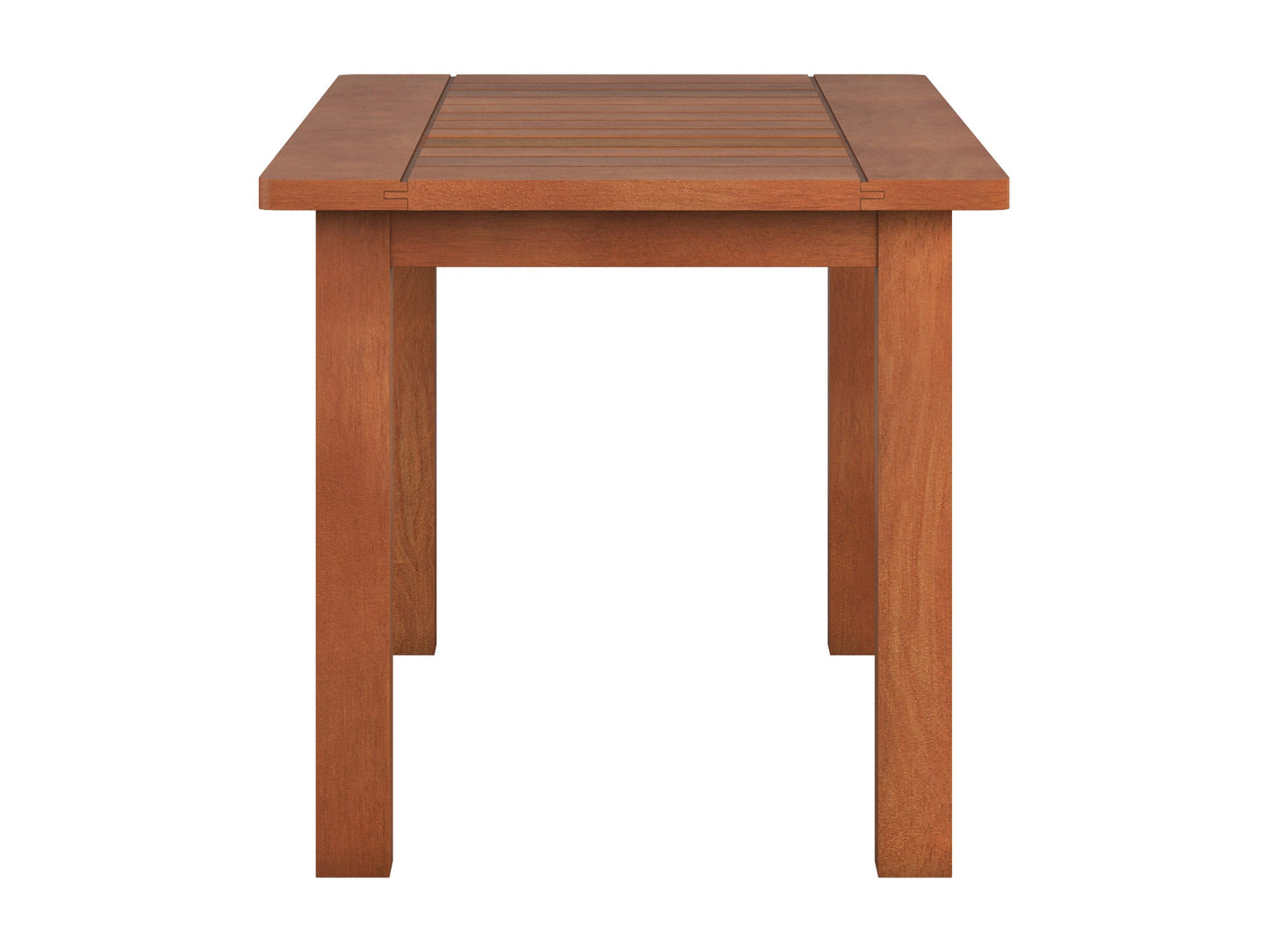 Brown hardwood outdoor coffee table with slatted top and sturdy legs, ideal for patio or garden use. Durable wood construction with natural grain texture, perfect for outdoor gatherings and relaxation.