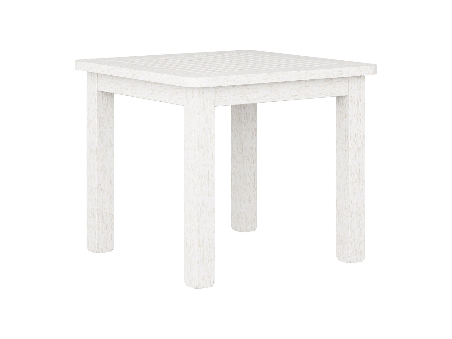 Washed white hardwood outdoor side table with slatted top, sturdy legs, and weather-resistant finish, ideal for patios and gardens.