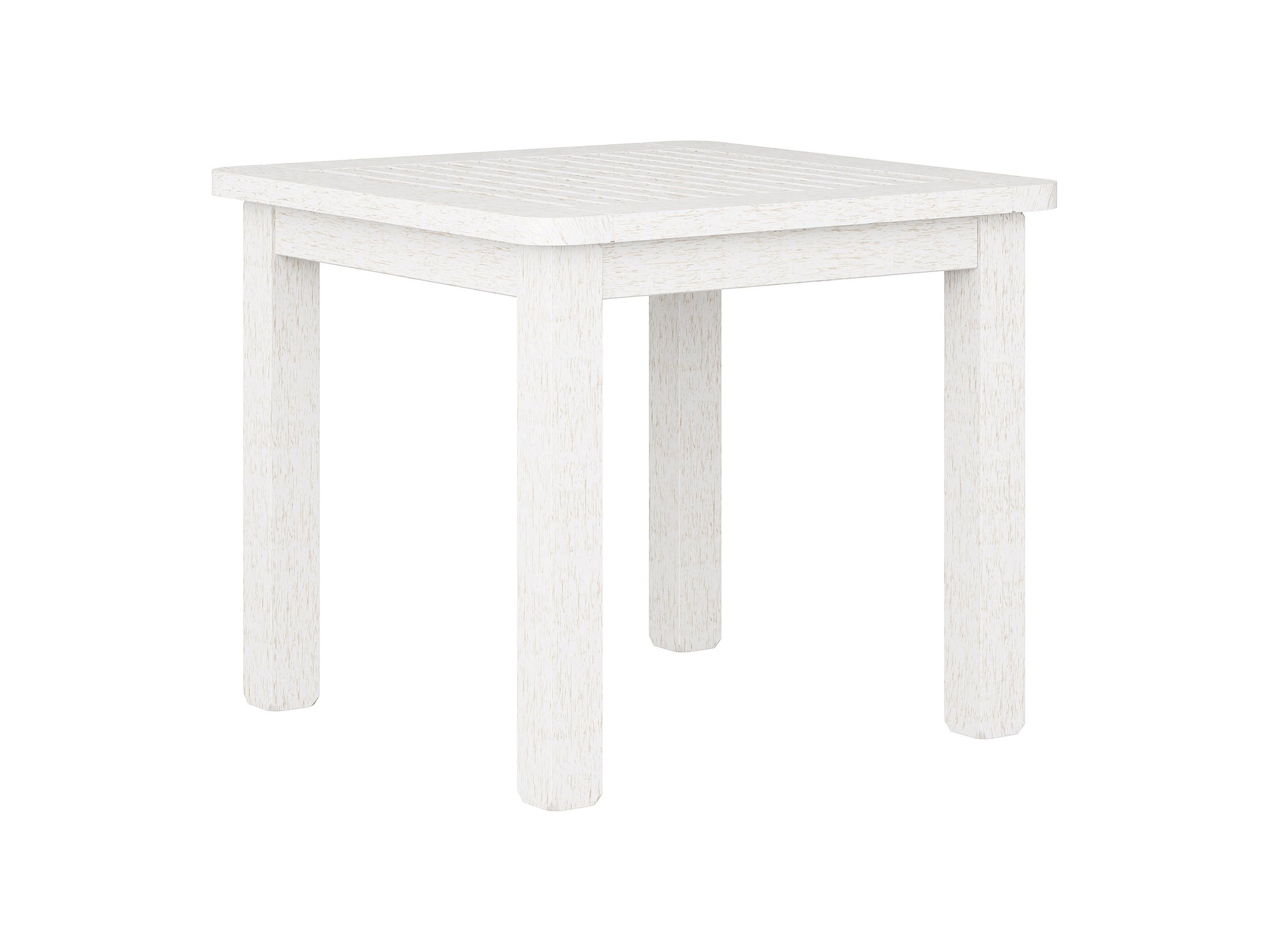 Washed white hardwood outdoor side table with slatted top, sturdy legs, and weather-resistant finish, ideal for patios and gardens.