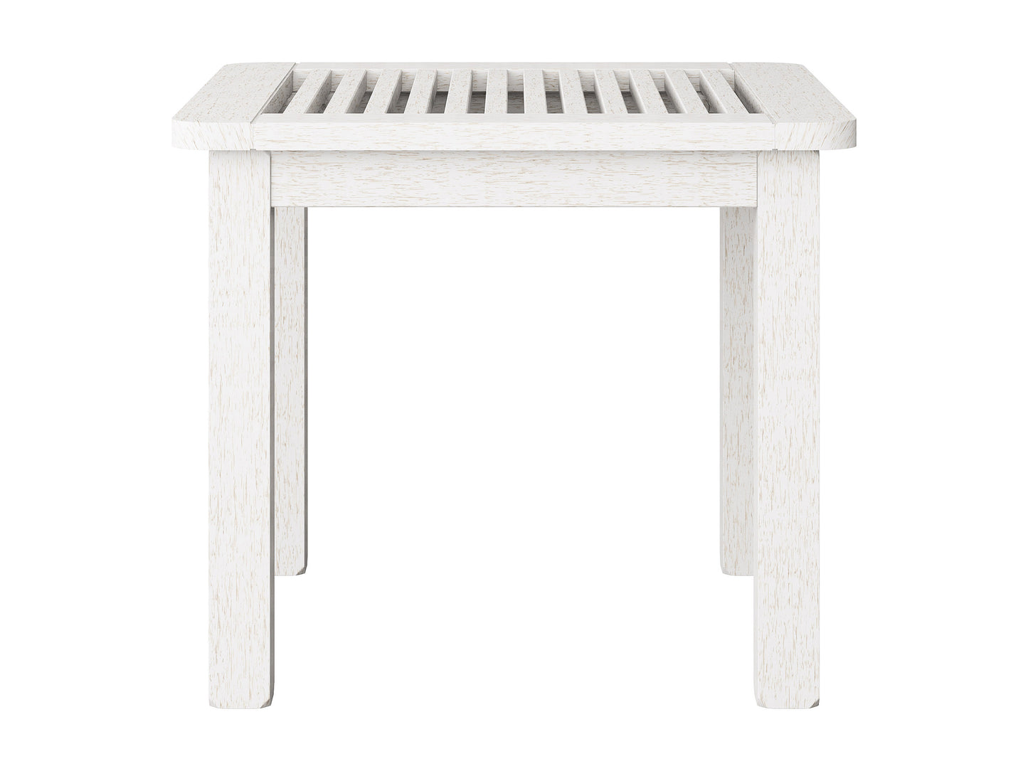 Washed white hardwood outdoor side table with slatted top, sturdy legs, and weather-resistant finish, ideal for patios and gardens.