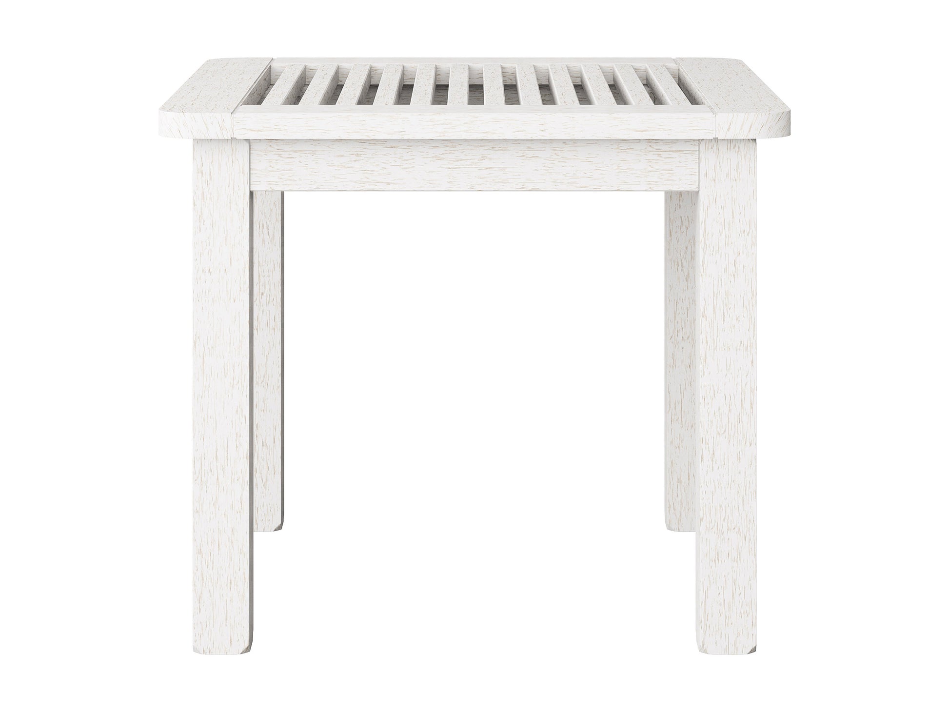 Washed white hardwood outdoor side table with slatted top, sturdy legs, and weather-resistant finish, ideal for patios and gardens.