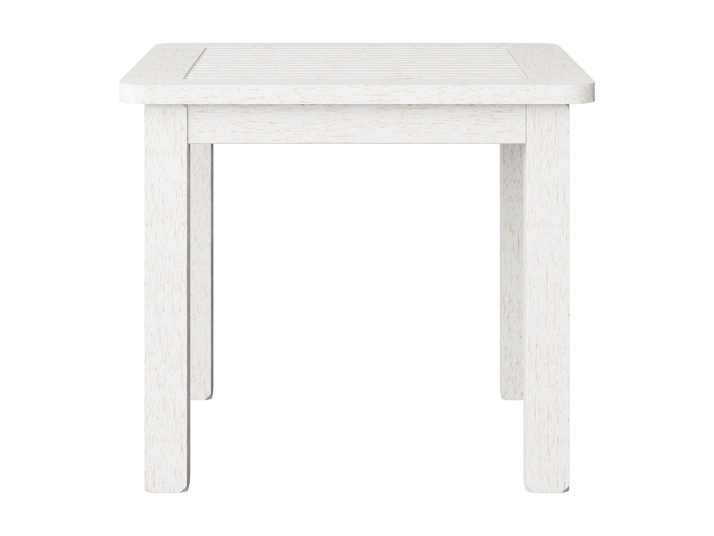 Washed white hardwood outdoor side table with slatted top, sturdy legs, and weather-resistant finish, ideal for patios and gardens.