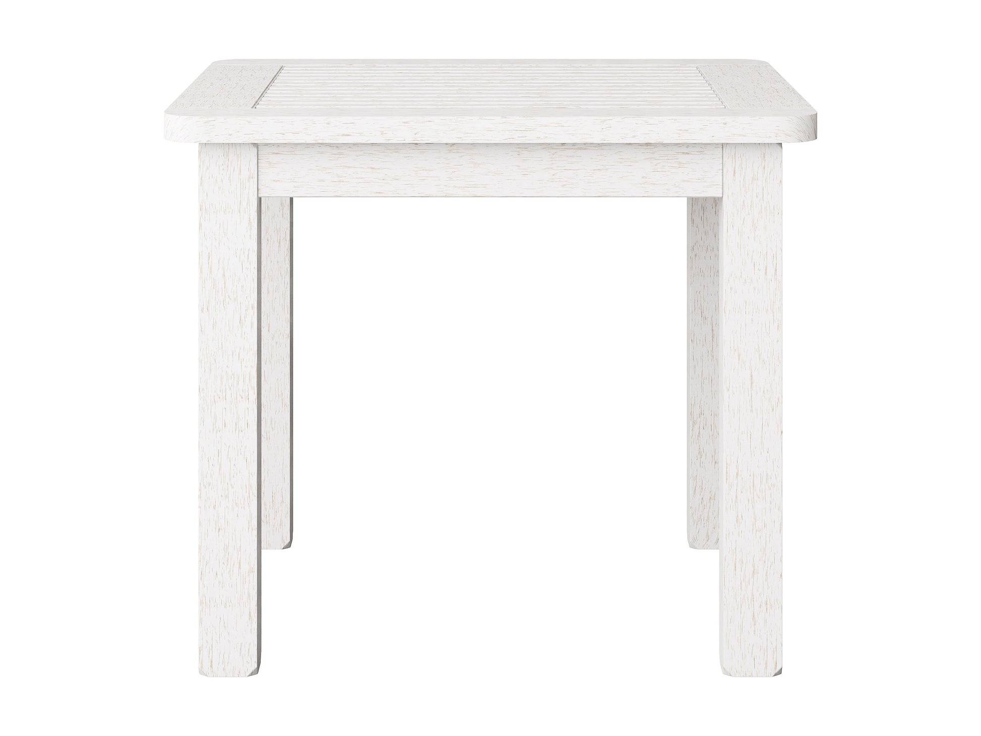 Washed white hardwood outdoor side table with slatted top, sturdy legs, and weather-resistant finish, ideal for patios and gardens.