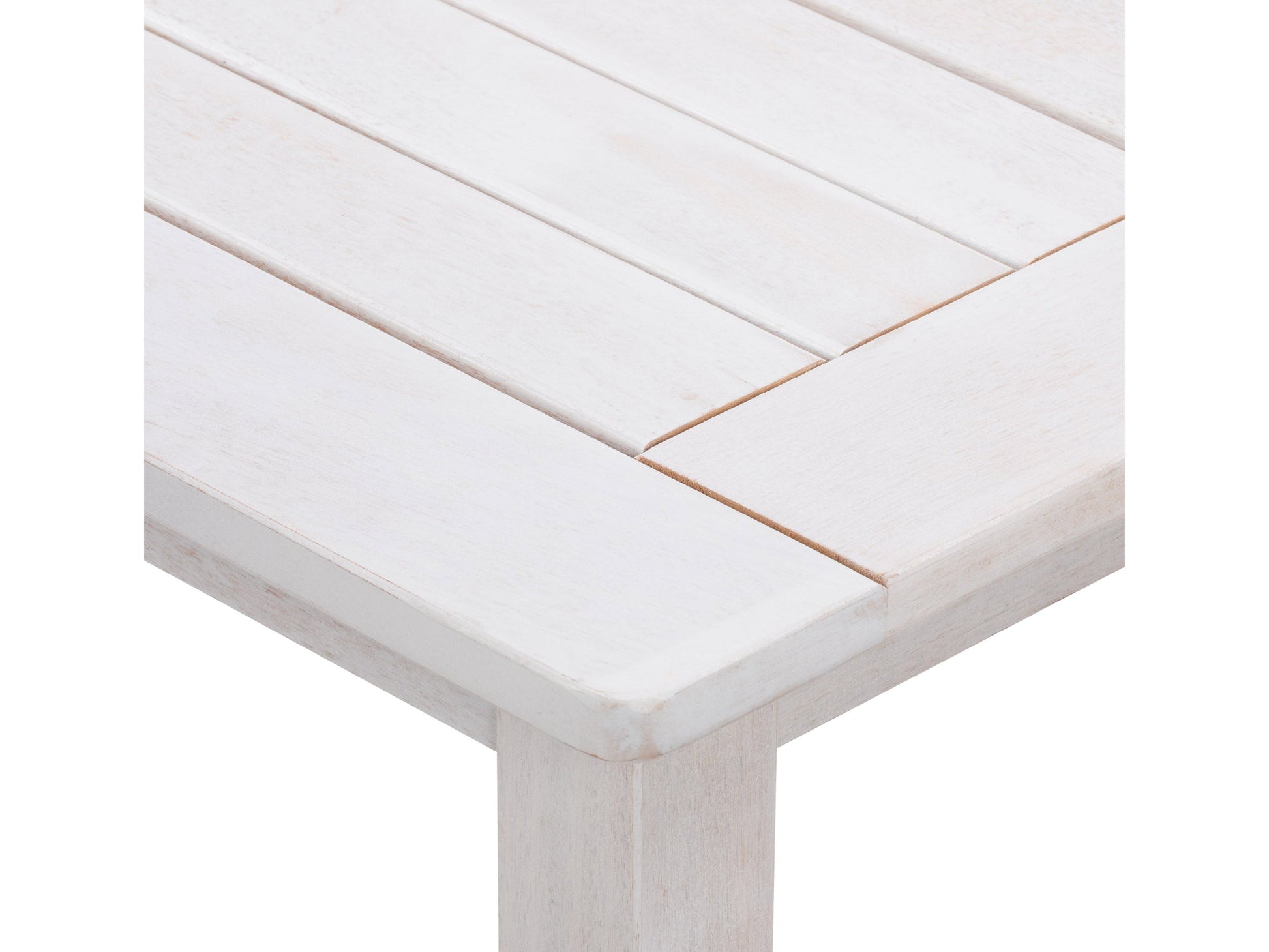 Washed white hardwood outdoor coffee table with slatted top, sturdy legs, and weather-resistant finish, perfect for patio or garden use.